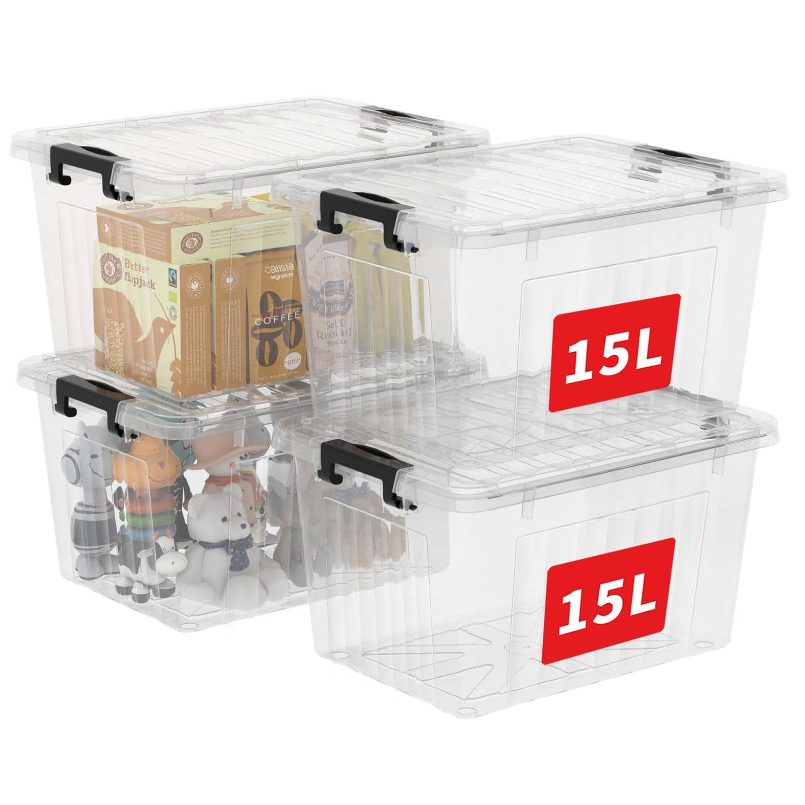 Cetomo 15L*4 Plastic Storage box, Tote box,Organizing Container with Durable Lid and Secure Latching Buckles, Stackable and Nestable, 4Pack, transtransparent with Black Buckle