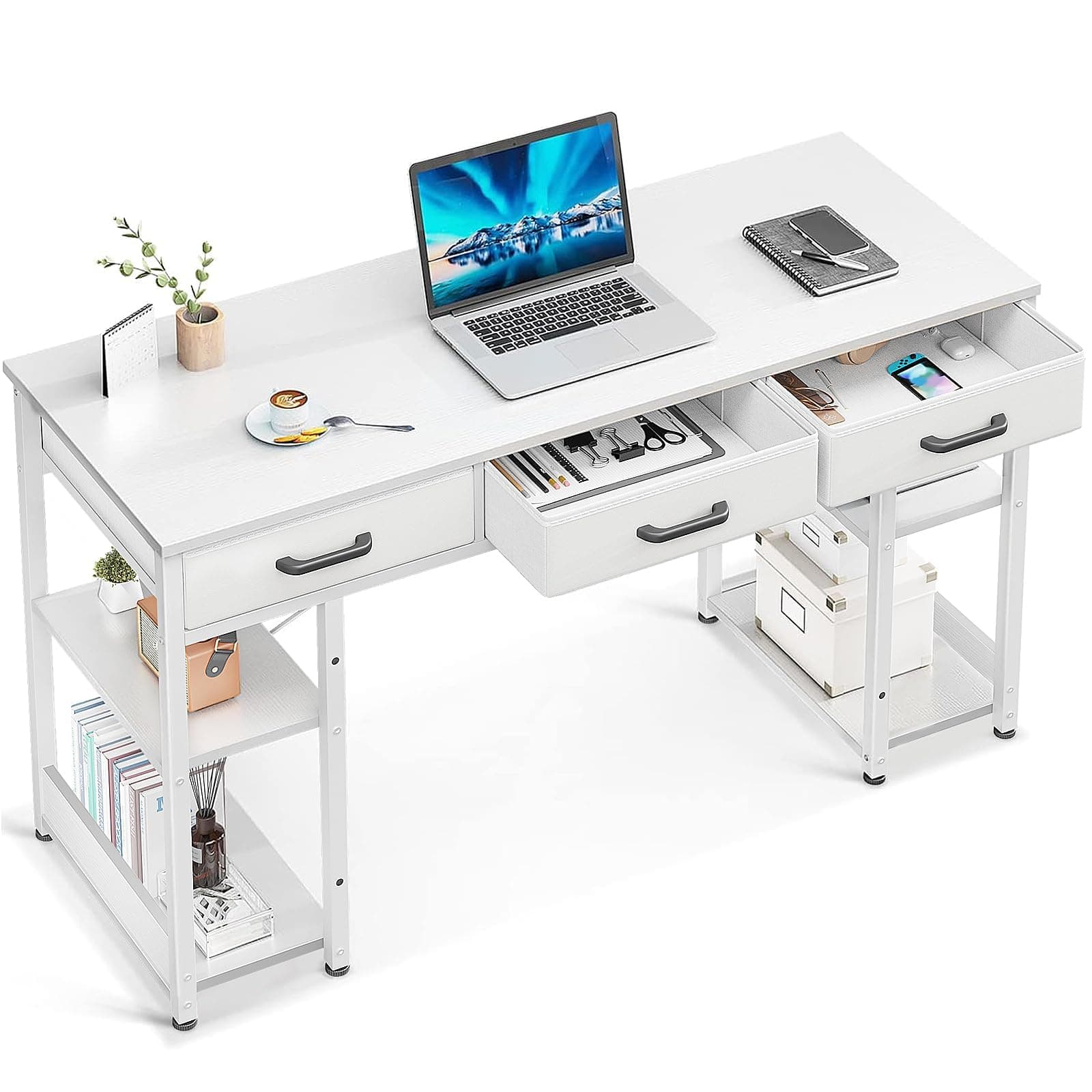 ODK Office Small Computer Desk: Home Table with Fabric Drawers & Storage Shelves, Modern Writing Desk, White, 48"x16"