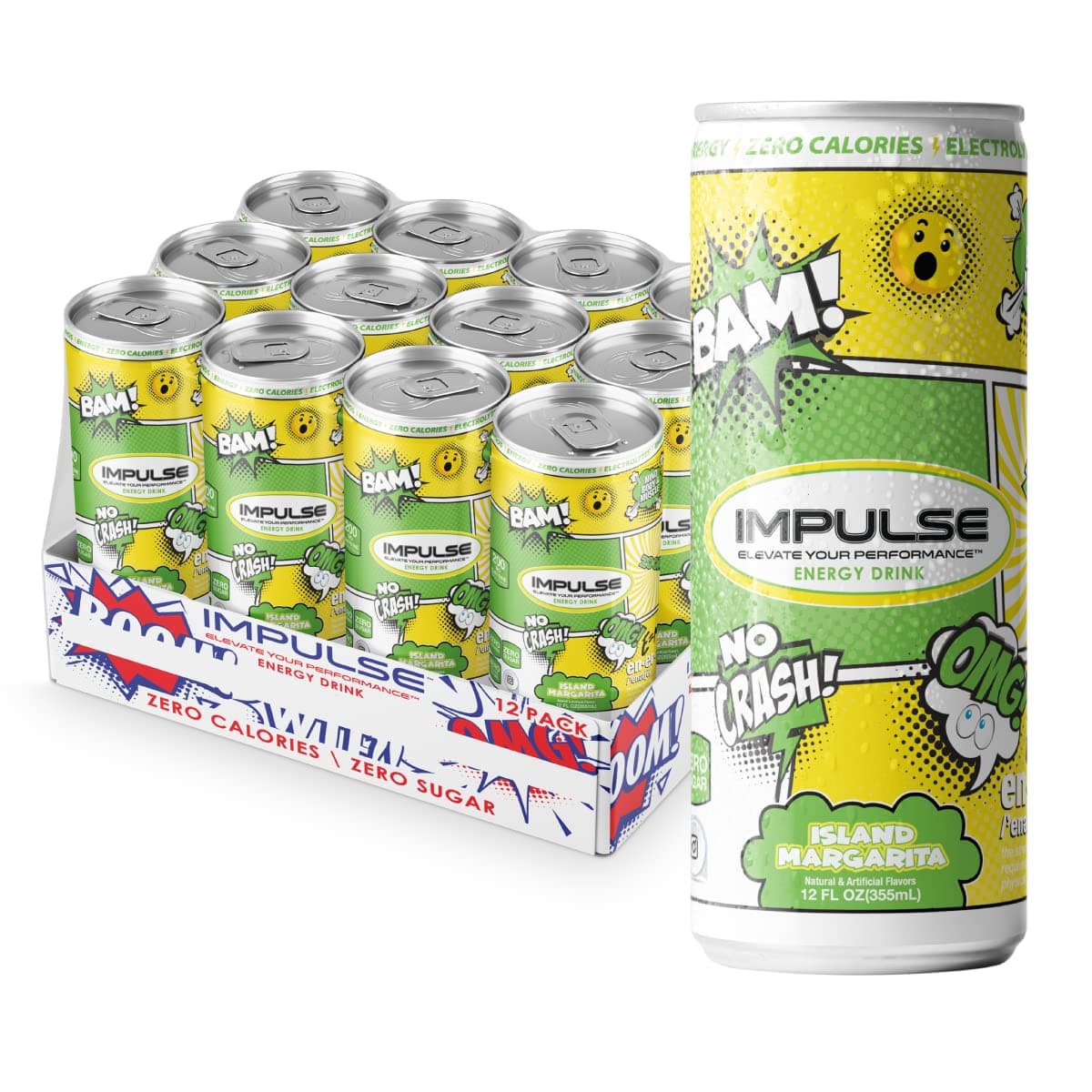 IMPULSEEnergy Drink, Great Tasting, Boost Energy, No Crash, Zero Sugar, Packed With BCAA Aminos, Electrolytes, Fitness & Energy Drink (12 Cans, Island Margarita)