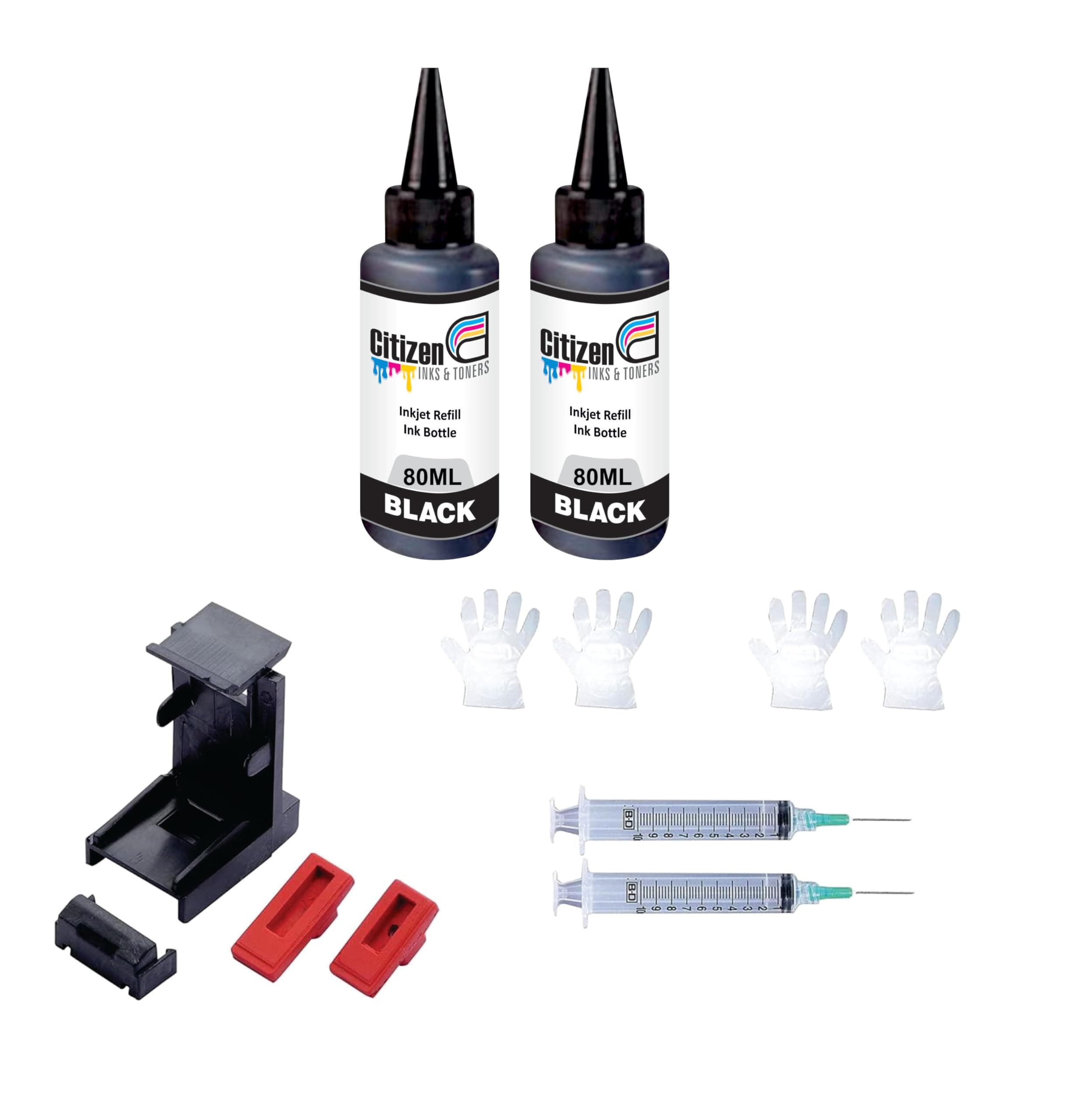 Refill Kit with Suction Tool Combo Pack of High Yield Inkjet Cartridge Ink Refill Compatible for HP and Canon Cartridge Printers - 80ml Per Bottle (2 Black+2Syringe 1 Suction Tools)