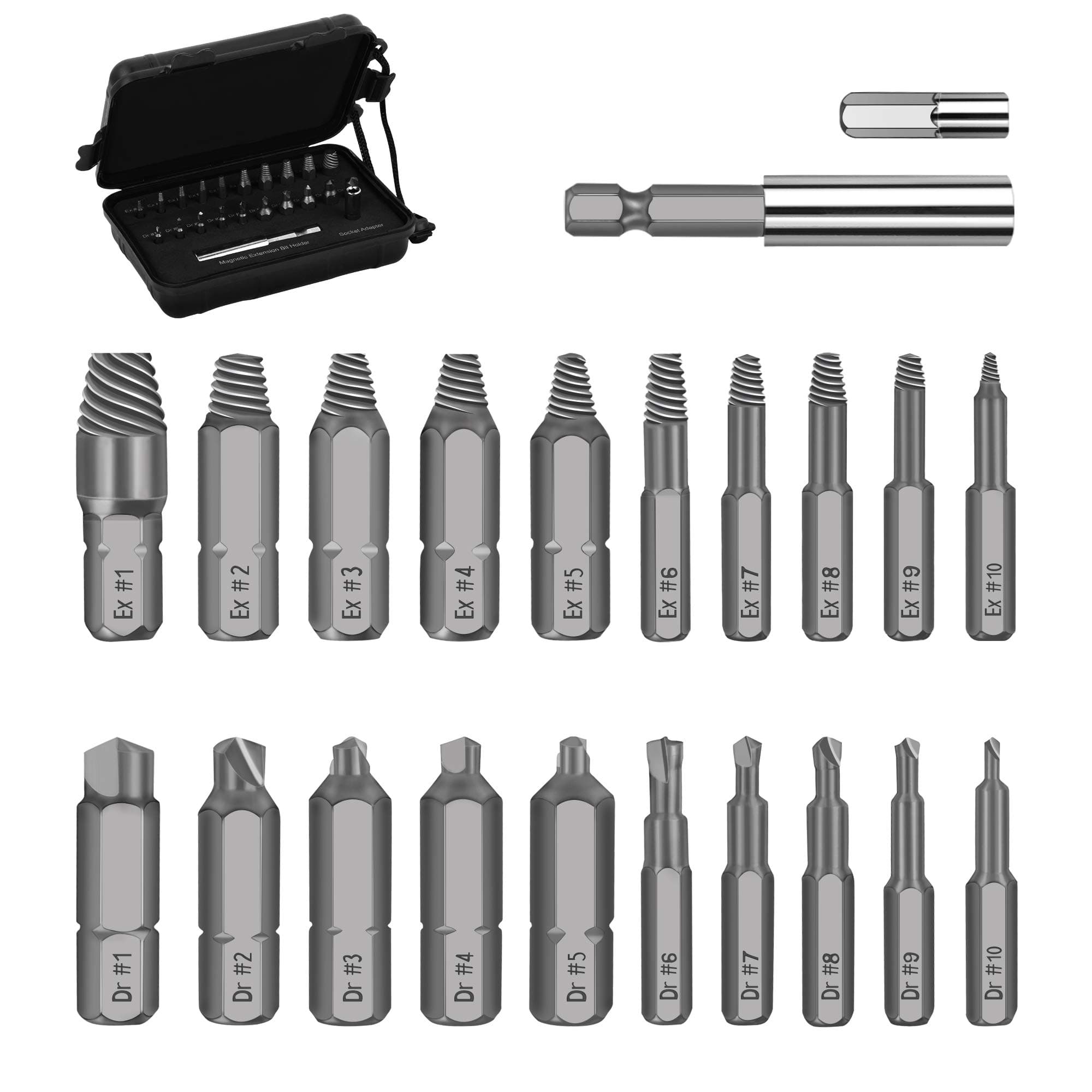 Damaged Screw Extractor Set, 22 PCS Stripped Kit for Broken Bolt All-Purpose HSS Remover Set with Magnetic Extension Bit Holder & Socket Adapter, Silver