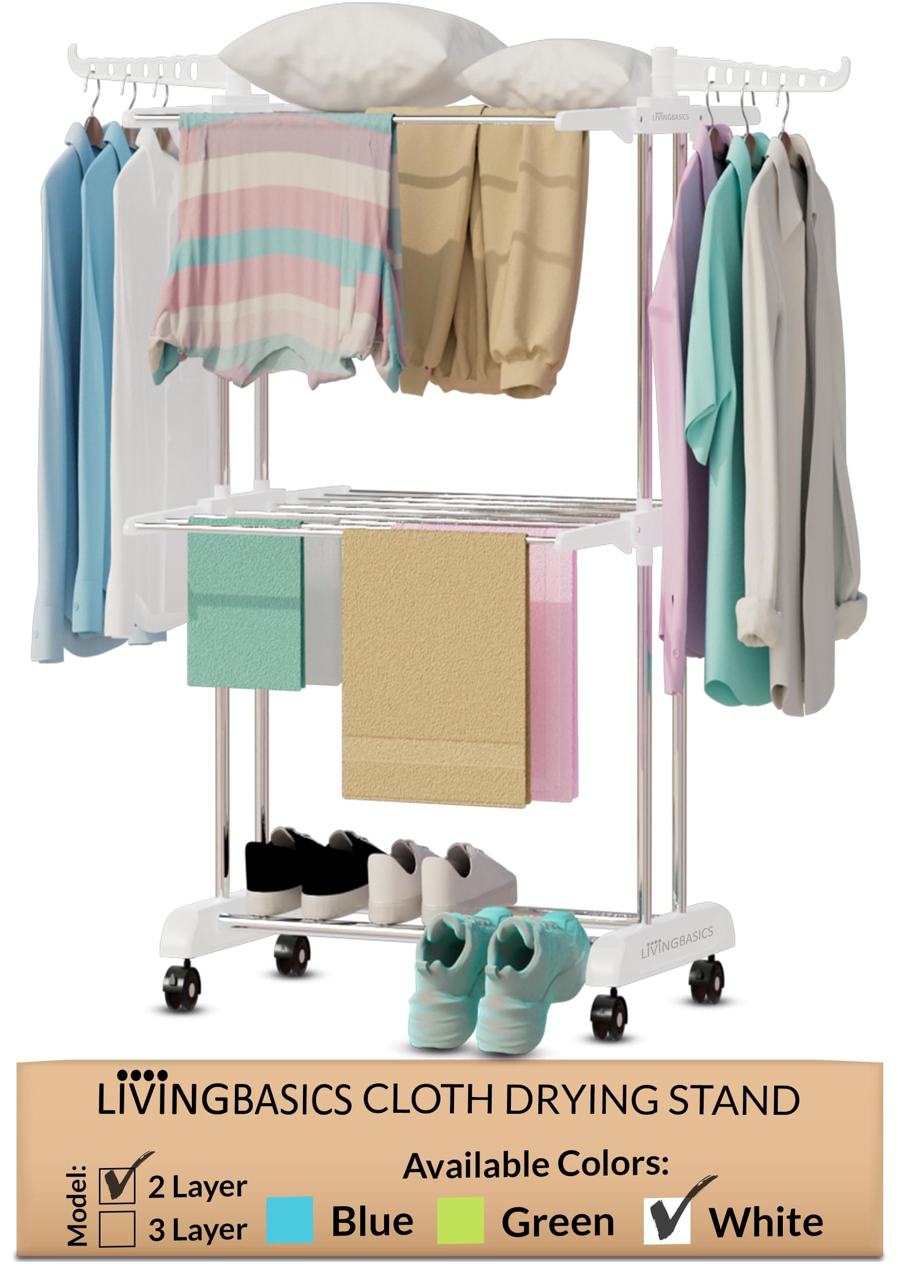 LIVINGBASICS 2 Layer Finest Clothes Stand for Drying/Cloth Drying Stand/Cloth Stand for Drying Clothes Foldable/Cloth Drying Stand for Balcony/Stainless Steel Hanging Dress Dryer Rack (Snow White)