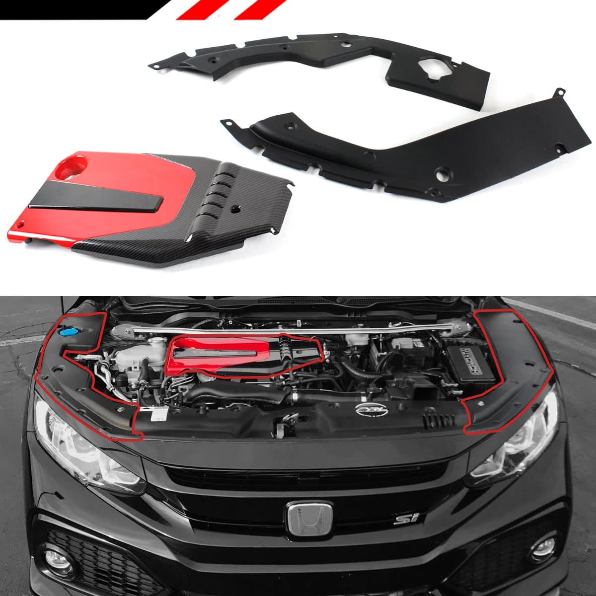 JDM Red Black Type-R Style Engine Valve Cover + Engine Bay Side Panel Covers Compatible with 2016-2020 Honda Civic