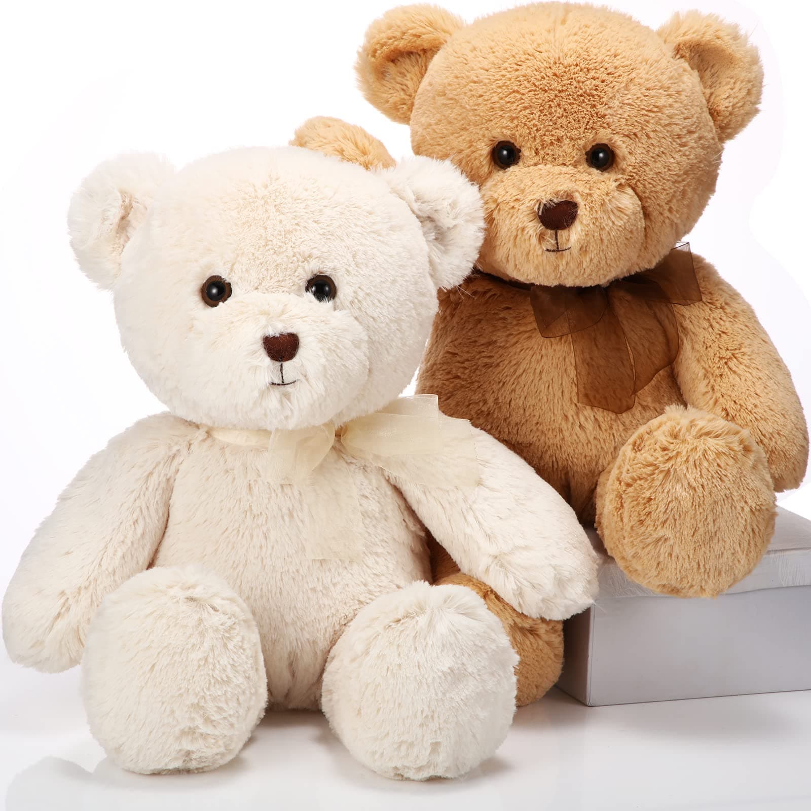 HyDren 2 Pack Bear Stuffed Animals 18 Inch Cuddly Stuffed Bear Plushies with Bow for Birthday Gifts Baby Shower Decors Valentines Party Decors(Beige, Light Brown)