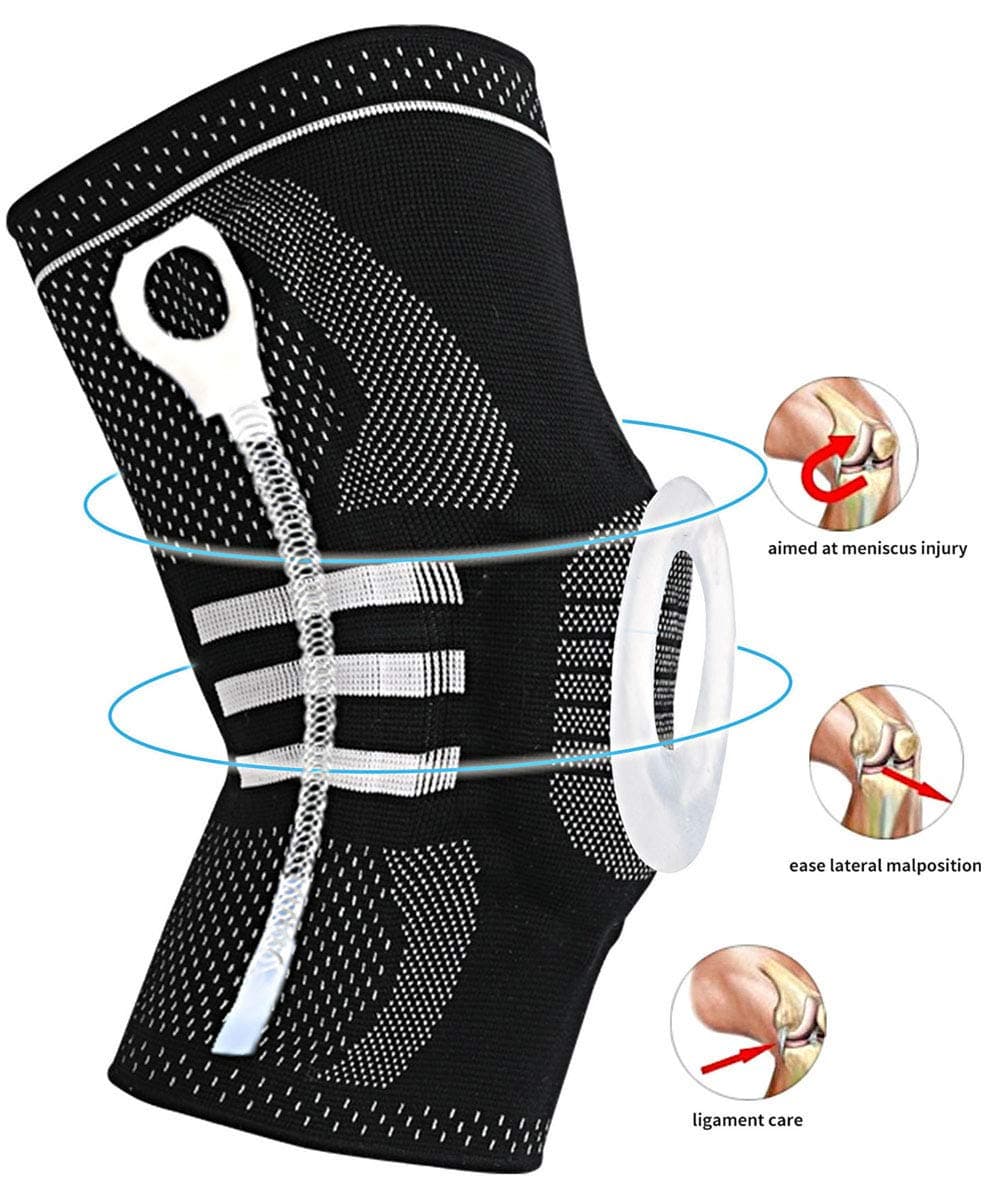 Knee Brace Compression Sleeve, Elastic Knee Wraps Patella Stabilizer with Silicone Gel & Spring Support, Hinged Kneepads Knee Protector for Meniscus Tear Arthritis Running Men Women - Medium(Black)