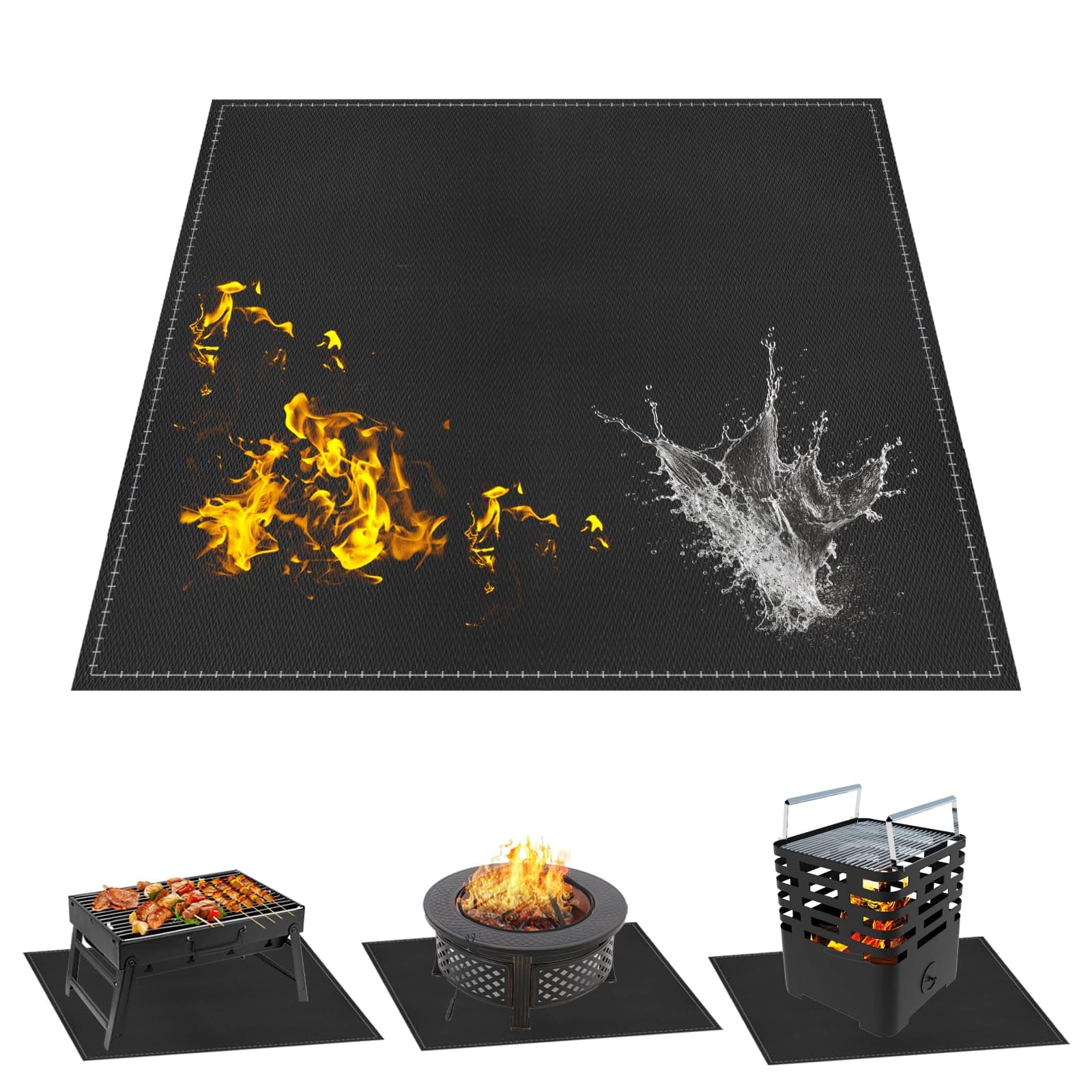 Fireproof Fireplace Mat Fire Resistant, 96 x 96cm Hearth Rugs for Fireplaces, Hearth Pads for Wood Stove Fireplace Indoor Outdoor, Protects Floors from Sparks Embers with Storage Bag (Black, Square)