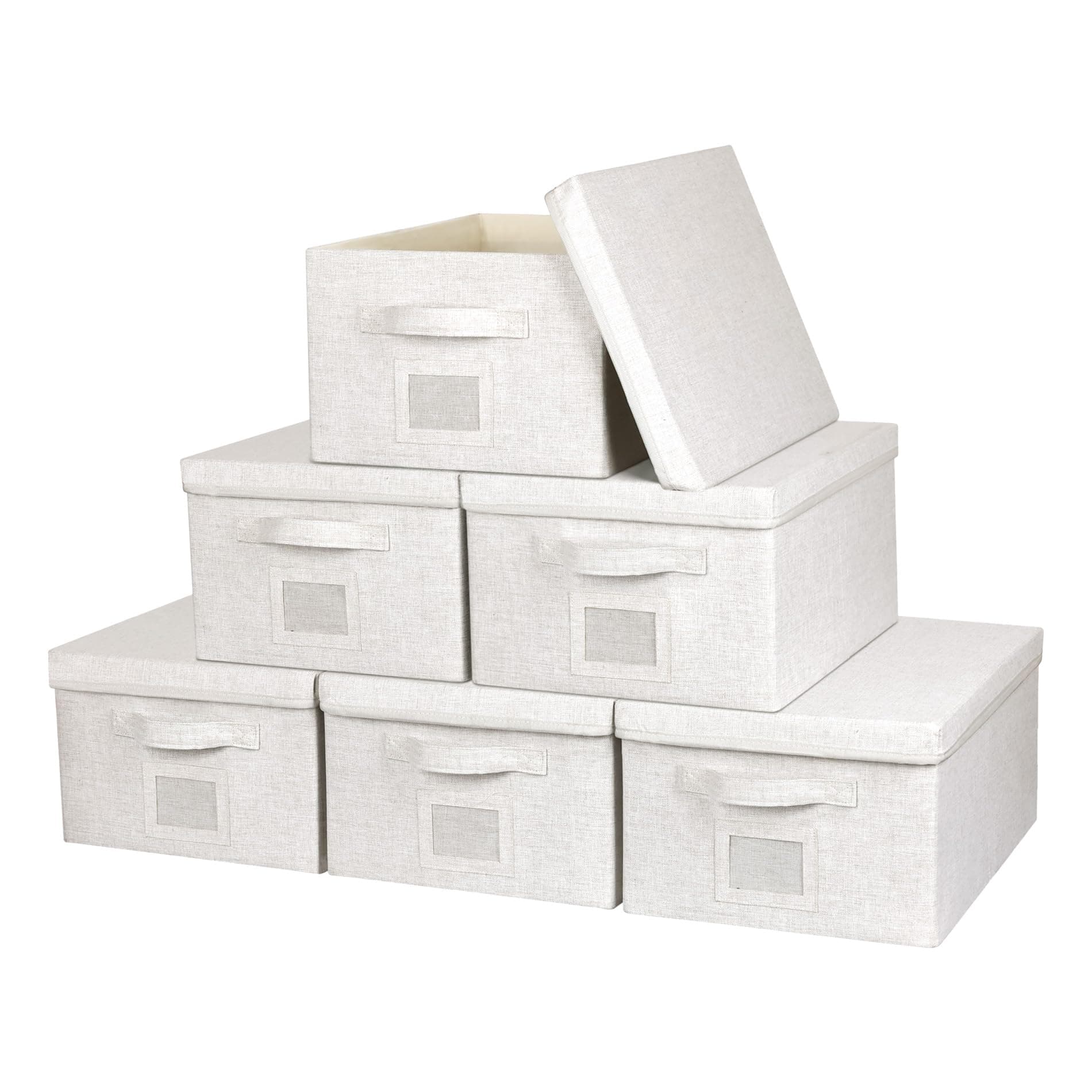 Large 17''x12'' Quart Collapsible Stackable Storage Bins with Lids, 6 Packs Off White Fabric Closet Boxes with Lids, Storage Cube Baskets Container Organizers for Bedroom Office(17''x12.2x''8'')