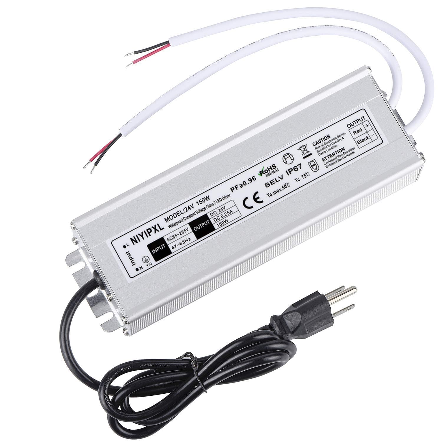 LED Driver 150 Watts 24V DC Low Voltage Transformer, Waterproof IP67 LED Power Supply, Adapter with 3-Prong Plug 3.3 Feet Cable for Any 24V DC led Lights, Computer Project, Outdoor Light