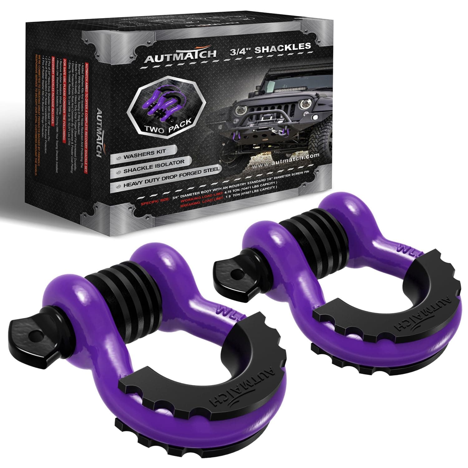 AUTMATCH D Ring Shackle 3/4" Shackles (2 Pack) - Clevis Shackle 41,887Ibs Break Strength with 7/8" Screw Pin and Isolator Washers Kit for Tow Strap Winch Off Road Vehicle Recovery, Purple