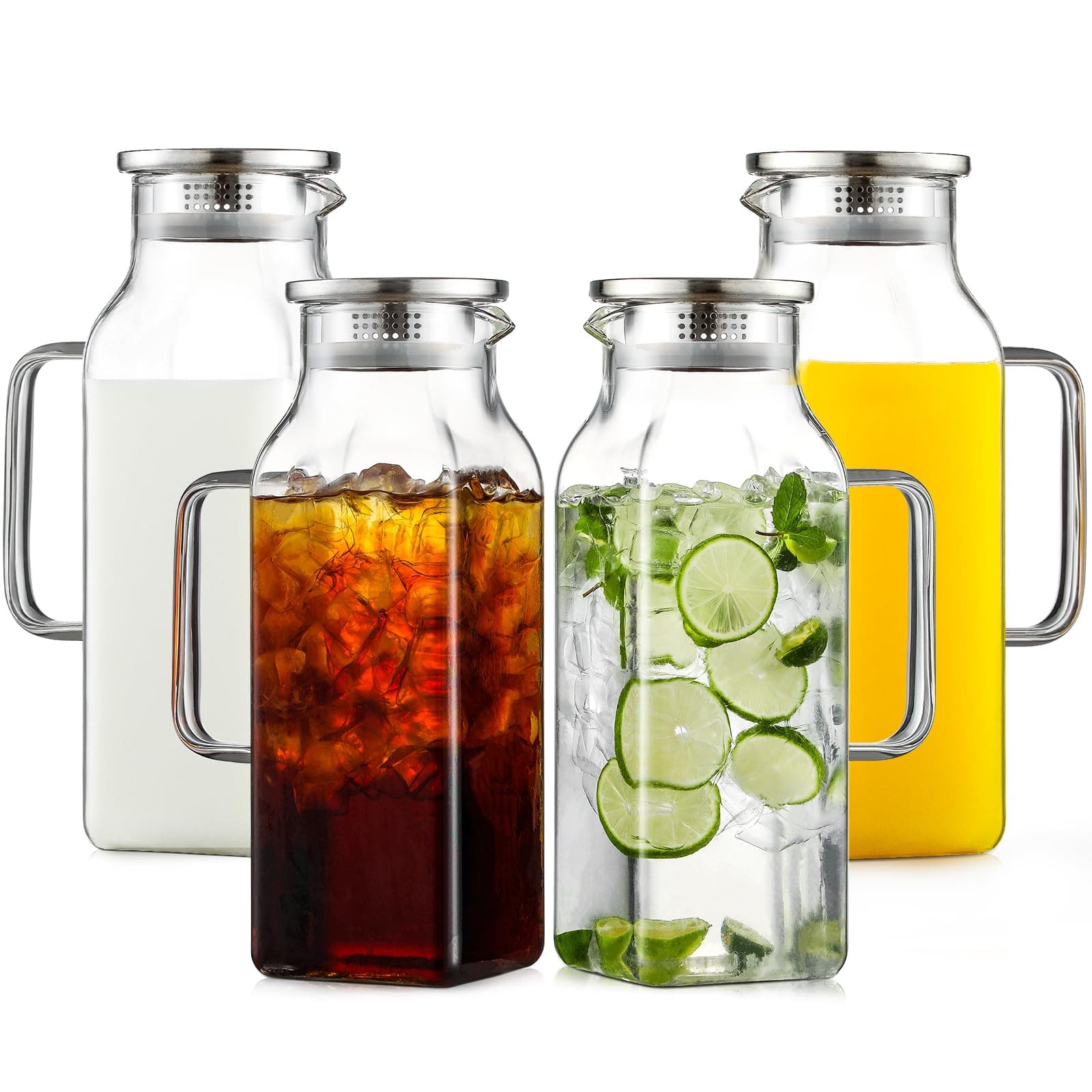 4 Pack 2 Liters/68 oz Square Glass Pitcher with Lid and Handle for Fridge, Iced Tea and Coffee Carafe Beverage Serveware, Heat Resistant Borosilicate Water Jug for Hot/Cold Drinks and Milk