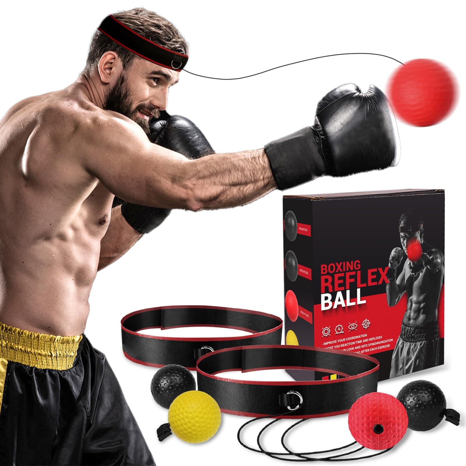Boxing Reflex Ball Headband Set, Boxing Equipment, Include 4 Different Ball and 2 Adjustable Headband, Great for Beginner Improve Proficiency, Boxing Gifts for Men
