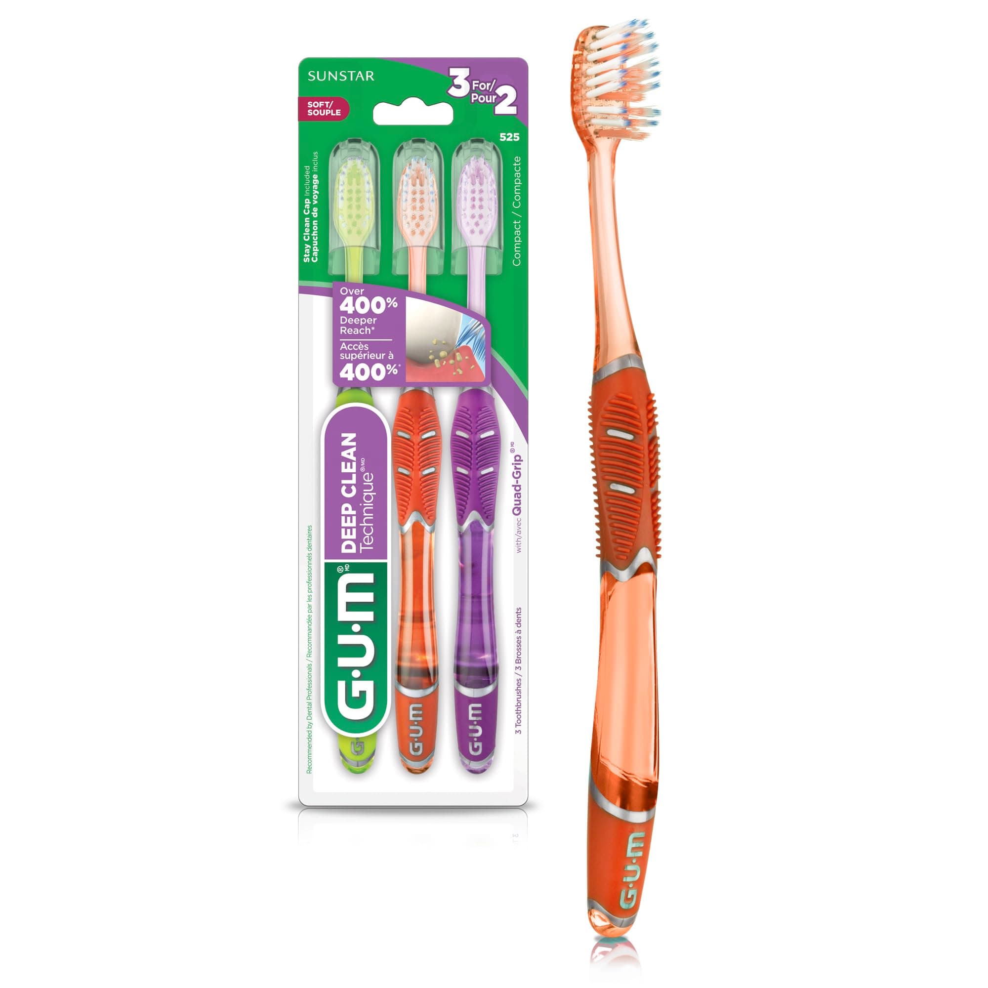 Technique Deep Clean Toothbrush with Quad-Grip Handle, Compact Head & Soft Bristles, 3 Count
