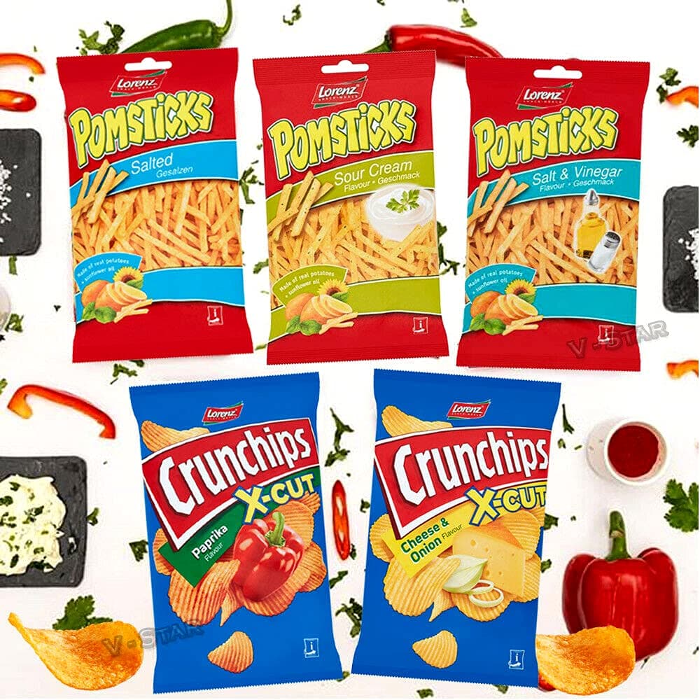 LORENZ 85g Pack DIFFRENT Packs Collection - CRUNCHIPS XCUT Cheese & Onion, XCUT Paprika, POMSTICKS Salt & Vinegar, Salted,Sour Cream