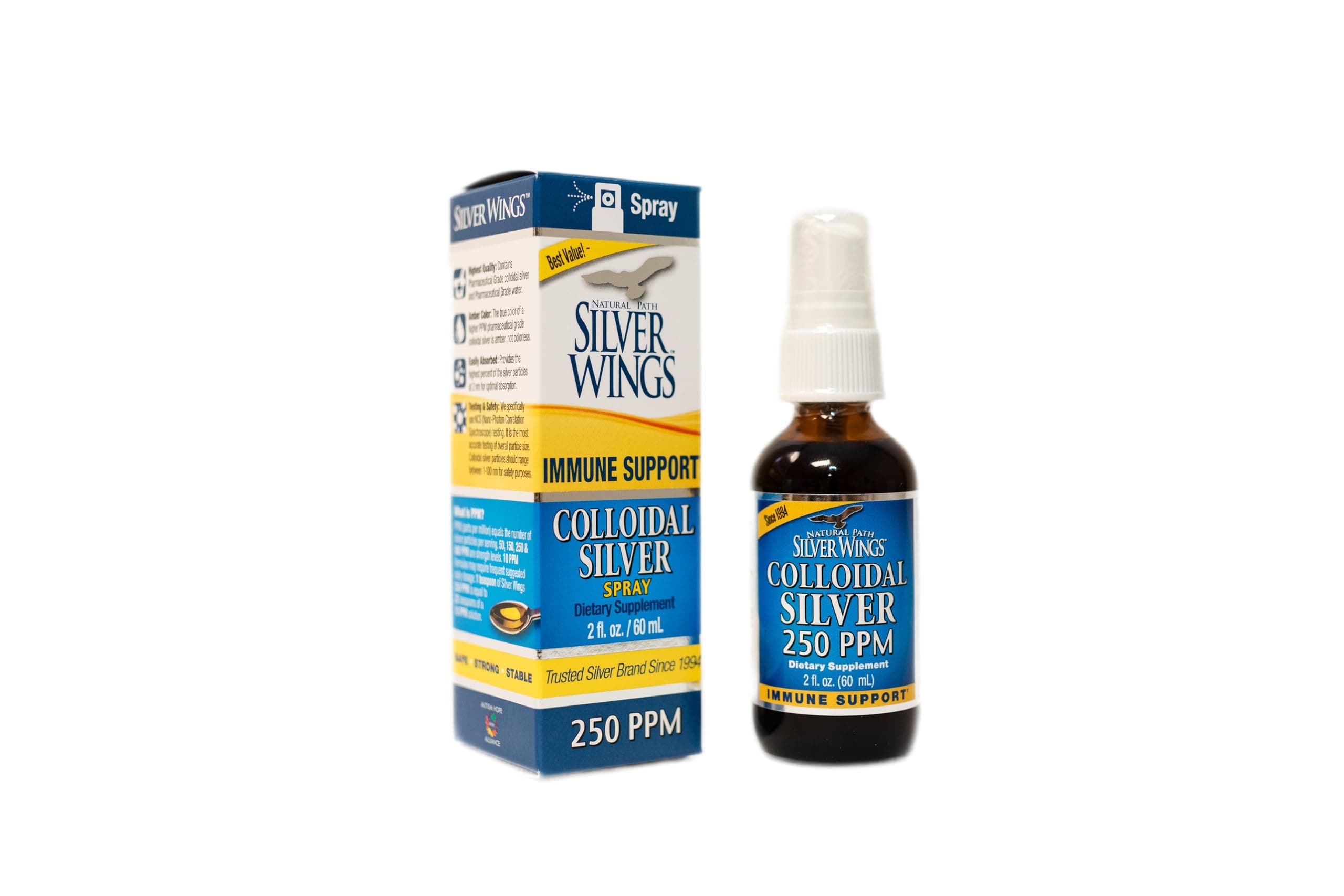 Natural Path Silver Wings Colloidal Silver 250ppm (1250mcg) Spray Top 2 Fl Oz. - Enhanced Immune Support Supplement