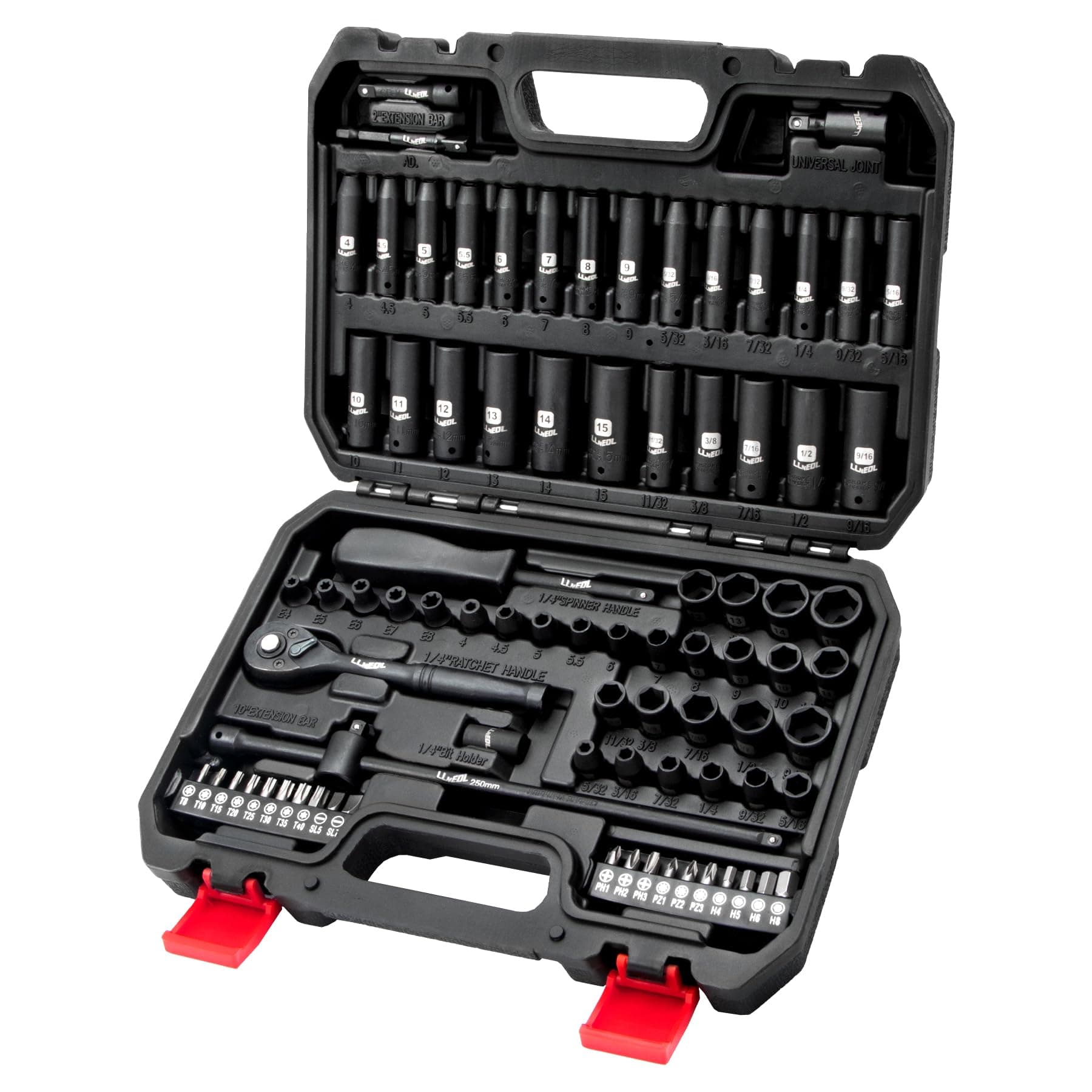 1/4 Inch Drive Impact Socket Set, 83Pcs Socket Wrench Set Metric & SAE from 4-15mm, 5/32-9/16", 6 Point CR-V Deep & Shallow Sockets Kit with 72T Ratchet Handle, E Torx, for Automotive & Home