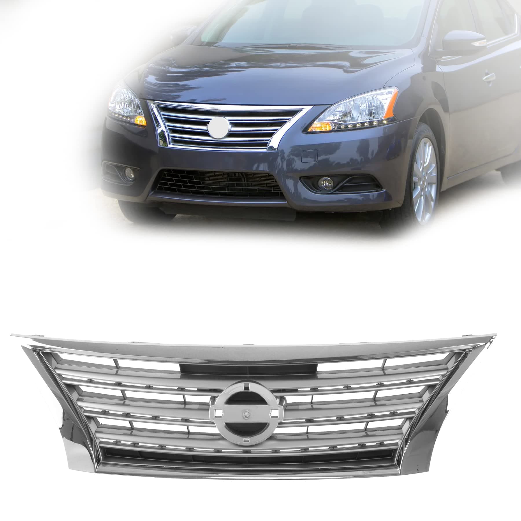 Front Silver Black Grille Grill With Chrome Molding Compatible For 2013-2015 NISSAN Sentra Fits NI1200252 623103SH0A