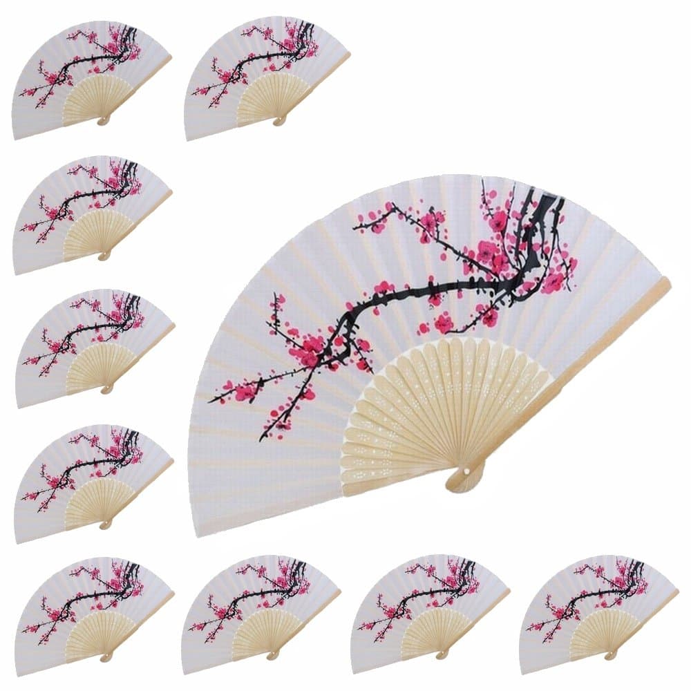 VANVENE 10 pcs Delicate Cherry Blossom Design Silk Folding Hand Fan Wedding Favors Gifts