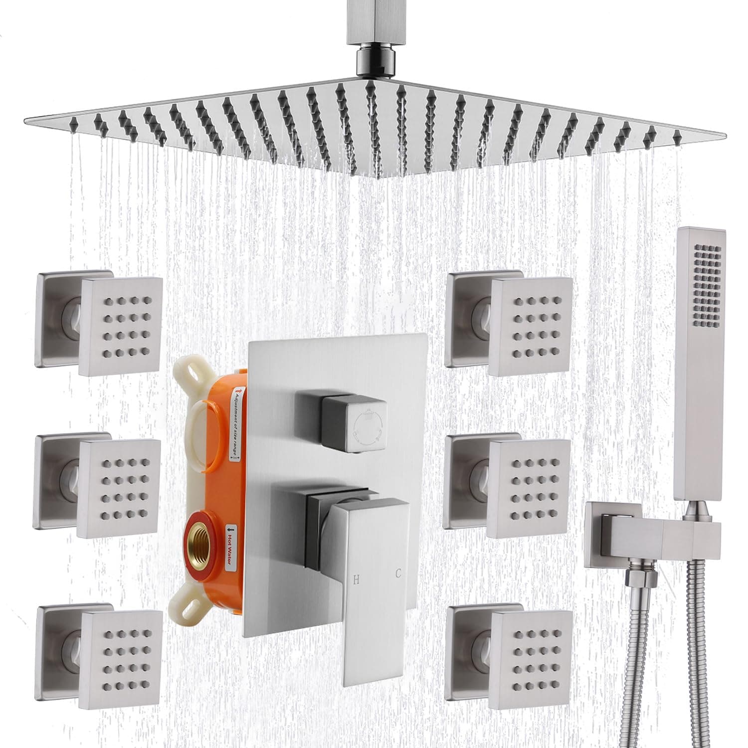 Enga Shower System with Body Jets 12 Inch Ceiling Mounted Rain Shower and Handheld Sprays Brass Full Body Massage Spa Jets Contain Rough-in Shower Valve, Brushed Nickel