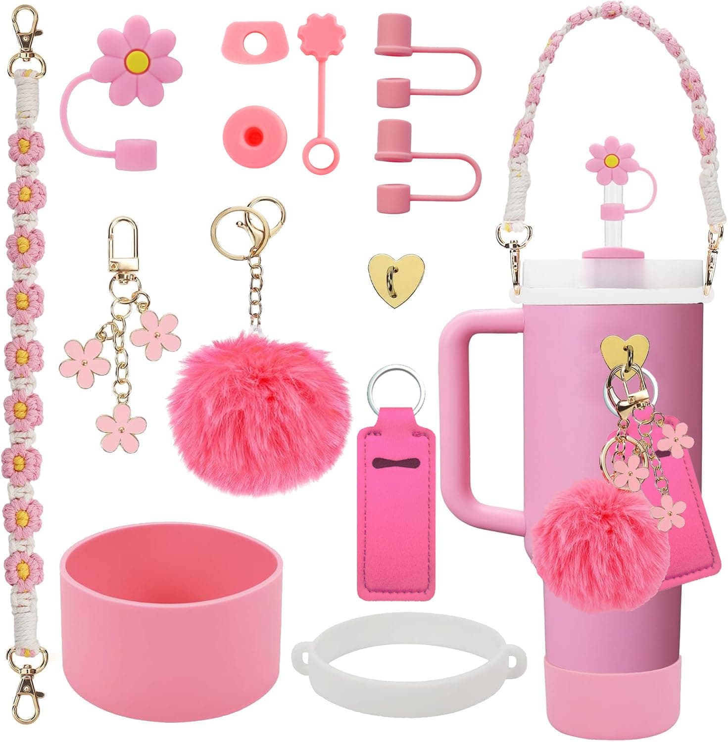 Stanley Cup Accessories Set Including Water Bottle Handle Strap, Siliocne Stanley Cup Boot, Siliocne Straw Cover, Stanley Charms for Stanley Cup 40oz & 30oz Tumbler