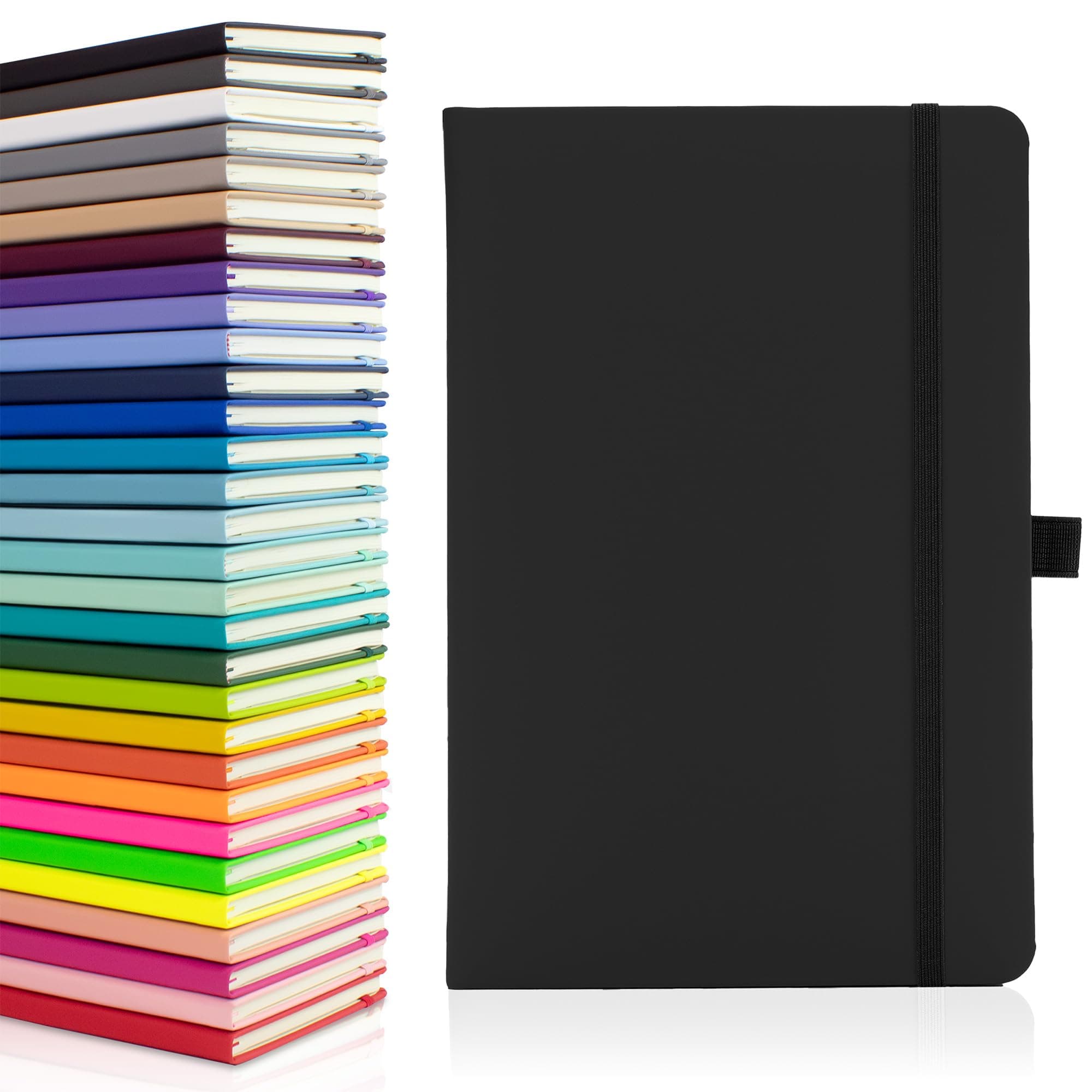 Eco A5 Notebook with Lined Pages, Pen Loop, Ribbon, Date Marks and Paper Pocket, Medium Hardback Journal, Note, sustainably sourced paper (Black)