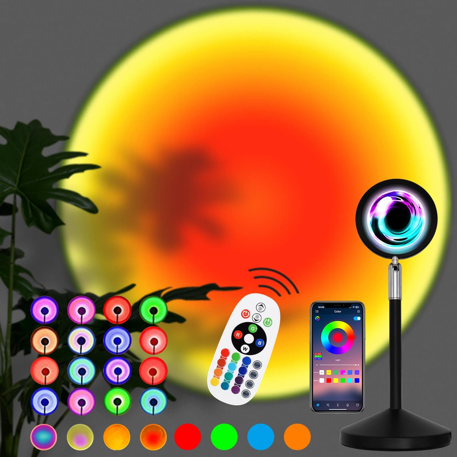 Sunset Lamp, 16 Colors Sunset Projection Lamp with Remote, Multiple Colors Night Light for Living Room Bedroom Holiday Decoration, USB Port--Color Changing & Fade Mode