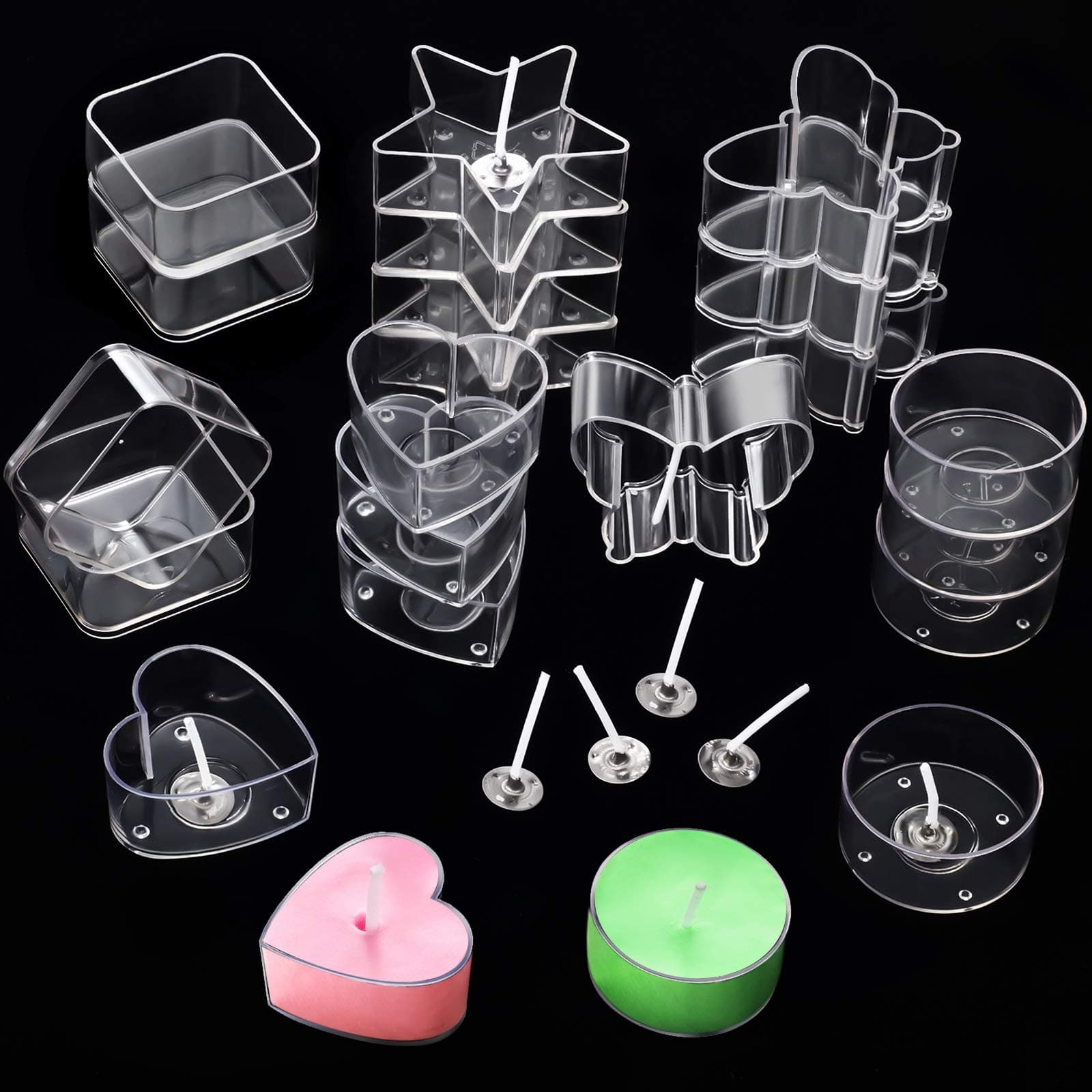Plastic Clear Tea Light Cup Holders - Heat-Resistant Plastic Votive Containers in Heart, Square, Star, Round, Butterfly Shapes - Tealight Cups with 25 mm Candle Wicks for DIY Candle Making (20 Pieces)