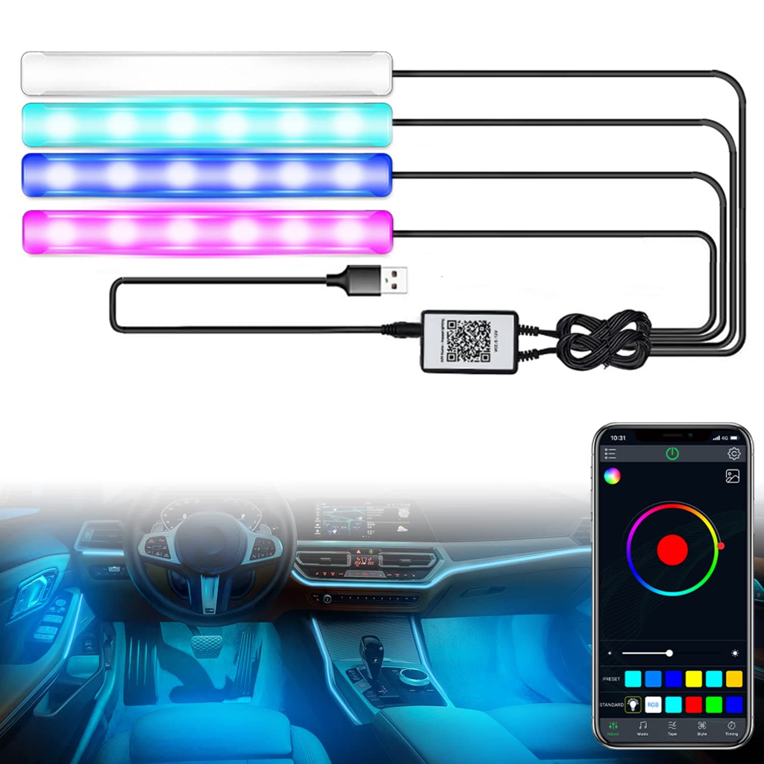 Car Interior Lights with Bluetooth App Control, XTAUTO USB Port 4 in 1 24 LED RGB Under Dash Footwell Neon Decorative Ambient Lamp Kits w/ 460 Colors DIY Music Mic Sync Mode for SUV Truck