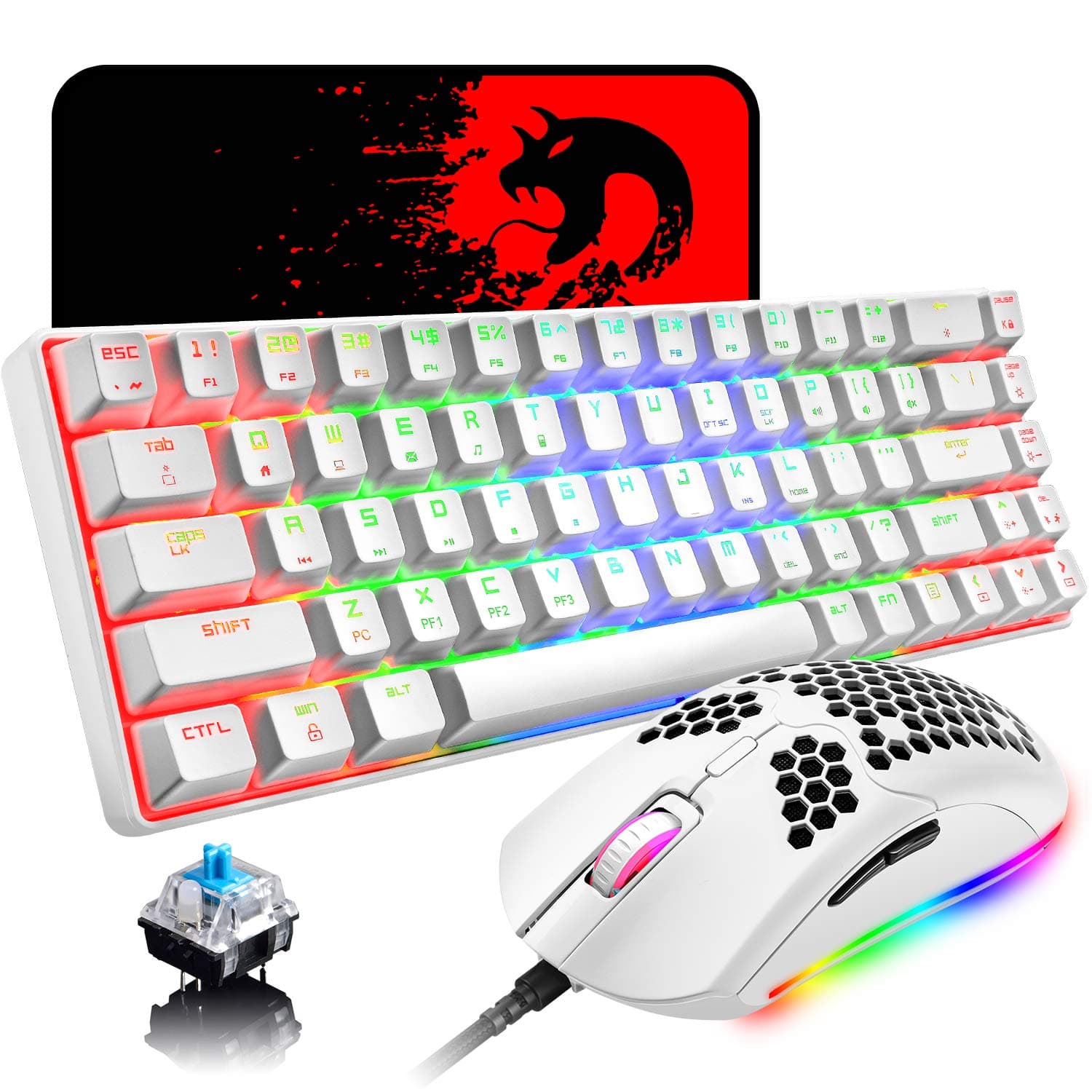 LexonElec60% Mechanical Gaming Keyboard Blue Switch Mini 68 Keys Wired Type C 18 Backlit Effects,Lightweight RGB 6400DPI Honeycomb Optical Mouse,Gaming Mouse pad for Gamers and Typists (White)