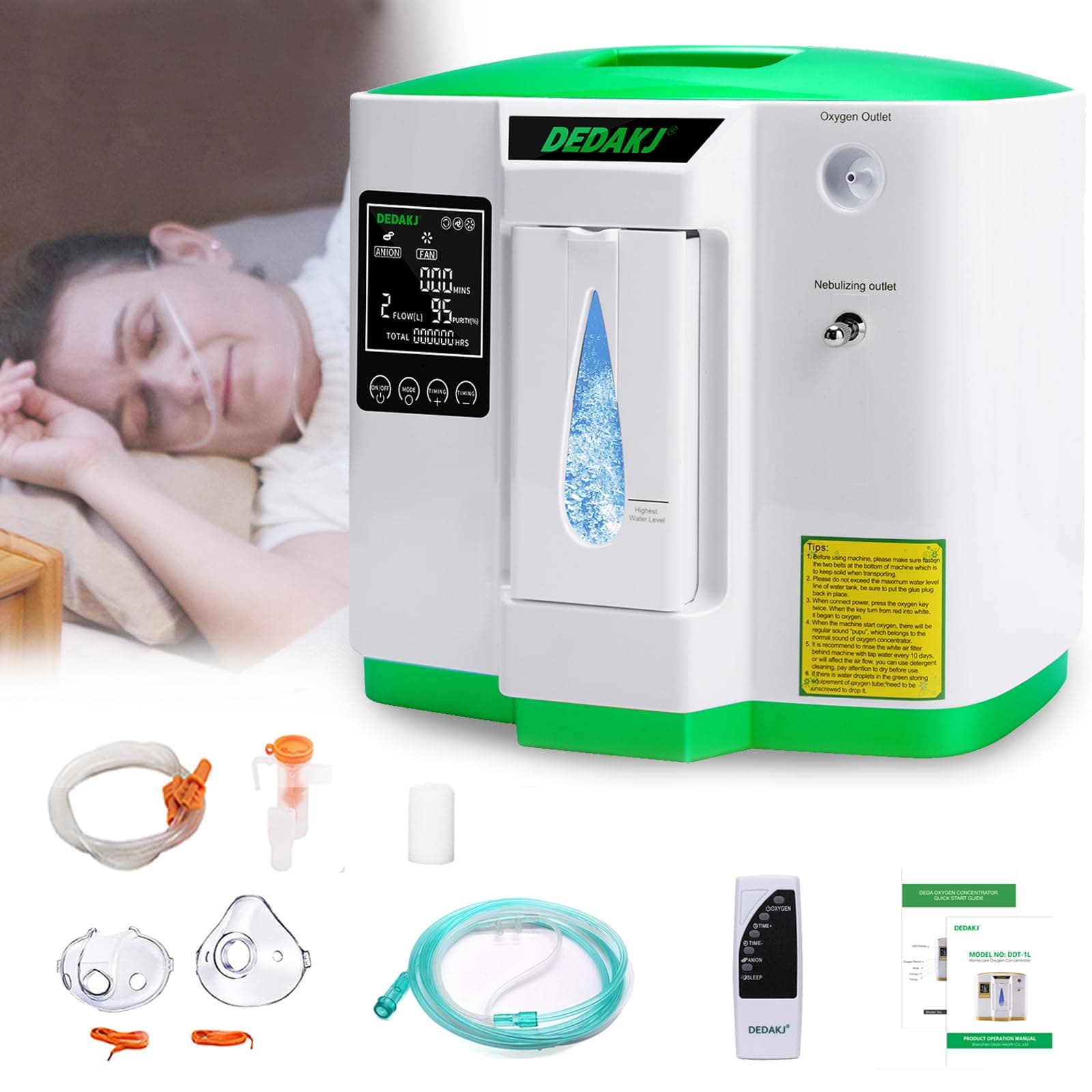 – DEDAKJ Oxygen Machine 2-9L / min, 30%-90%, with Remote Control, Atomise, Accumulated Time Adjustment for Home and Travel(2AW)