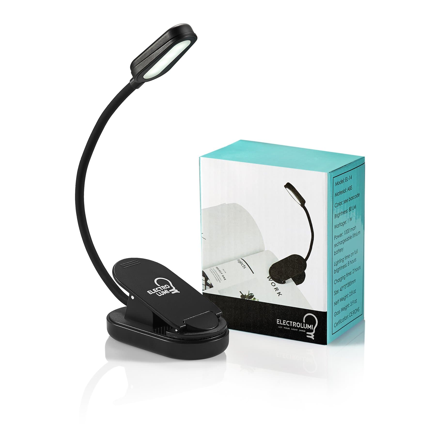 Rechargeable Book Light, 4 LED Extra Bright Reading Light, 2 Levels of Brightness, Charging Indicator, Build in Powerful 1000mAH Rechargeable Battery, Adjustable Clip, Attach to Books, Laptop and more