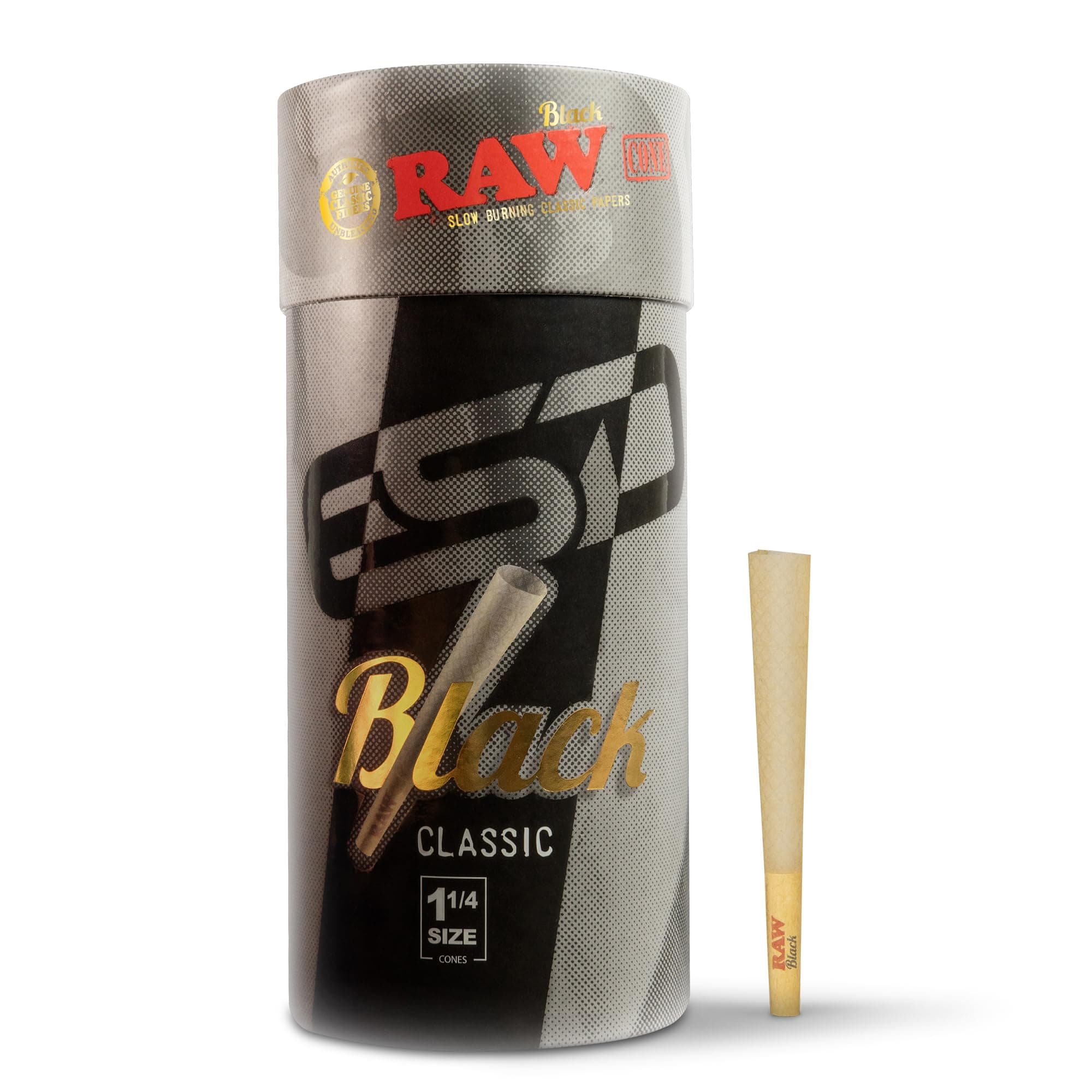 RAW Cones Classic Black 1-1/4 Size | 100 Pack | Slow Burning Pre Rolled Cones - Rolling Paper Pressed Extra Fine for Thin, Naturally Translucent Paper with Tips & Packing Tubes Included