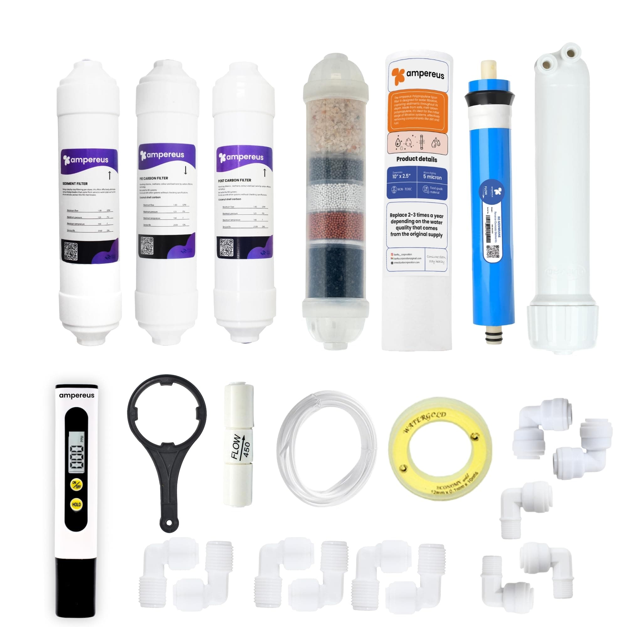 AMPEREUS® RO Filter Kit For Water Purifier | Pre Carbon, Post Carbon, Sediment Filter, PP Spun Cartridge, RO Membrane, TDS Meter & Spare Parts| Complete Water Purifier Accessories