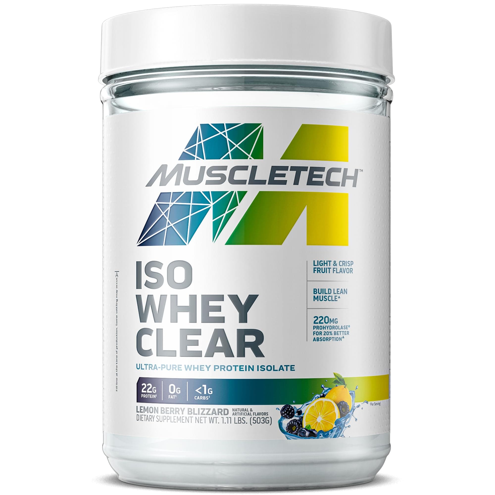 MuscleTech Whey Protein Powder Clear Whey Protein Isolate Whey Isolate Protein Powder for Women & Men Clear Protein Drink 22g of Protein, 90 Calories Lemon Berry Blizzard, 1.1lb(19 Servings)