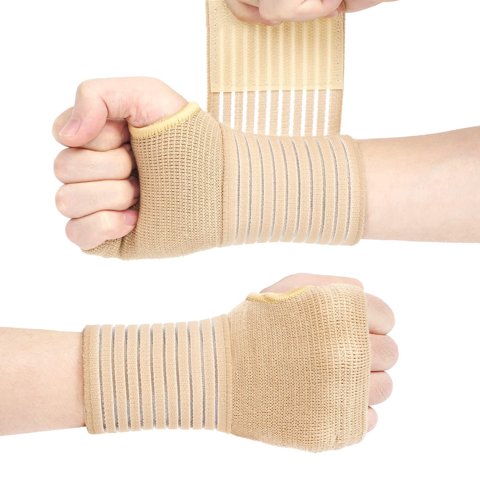 Wrist Brace, 2 Pack Elastic Wrist Support with Strap, Wrist Compression Wrap Adjustable Wrist Strap Relieves Wrist Pain, Tendonitis, Sports Use for Men and Women, Right & Left Palm Support Beige