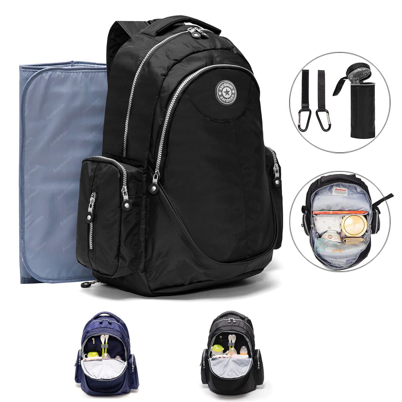 Large Nappy Change Rucksack Changing Backpack with Free Changing Pad Stroller Straps, Insulated Pockets Baby Diaper Bag Mum Dad Travel Rucksack Black