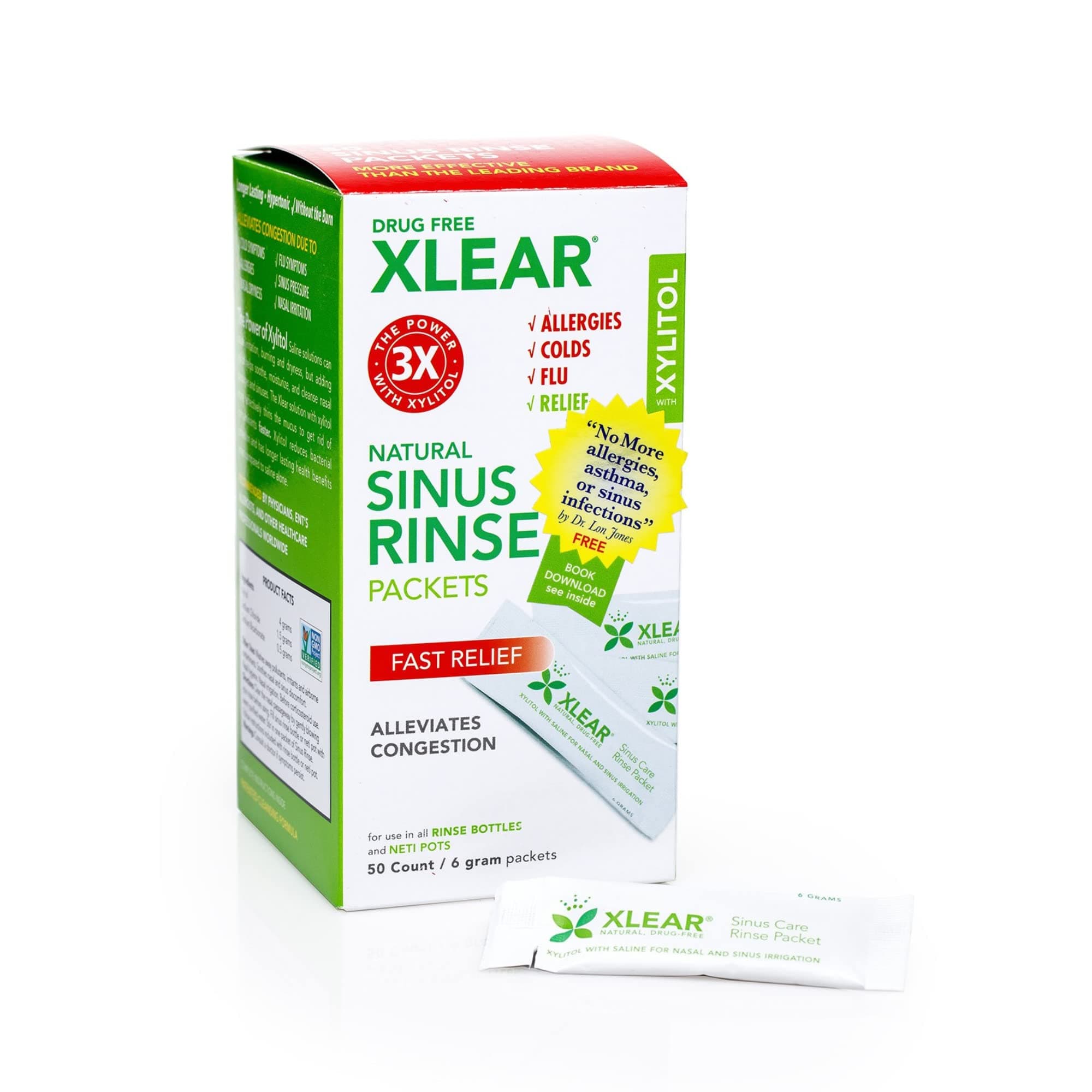 Xlear Natural Xylitol Sinus Rinse Refill, Neti Pot Saline Packets - Nose Cleaner, Works with Most Nasal Irrigation Systems, 50 Count (Pack of 2)
