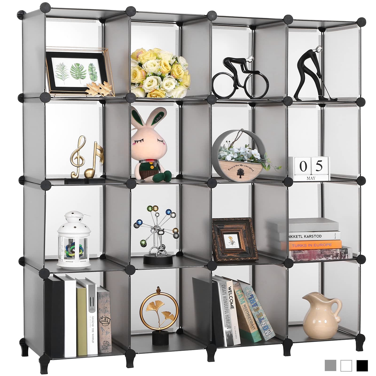 ANWBROAD Cube Storage Organizer 16-Cube Cubby Shelving Book Shelf Living Room Organizers Kids Toys Craft Yarn Storage with Rubber Hammer for Bedroom Office Gray ULCS016H