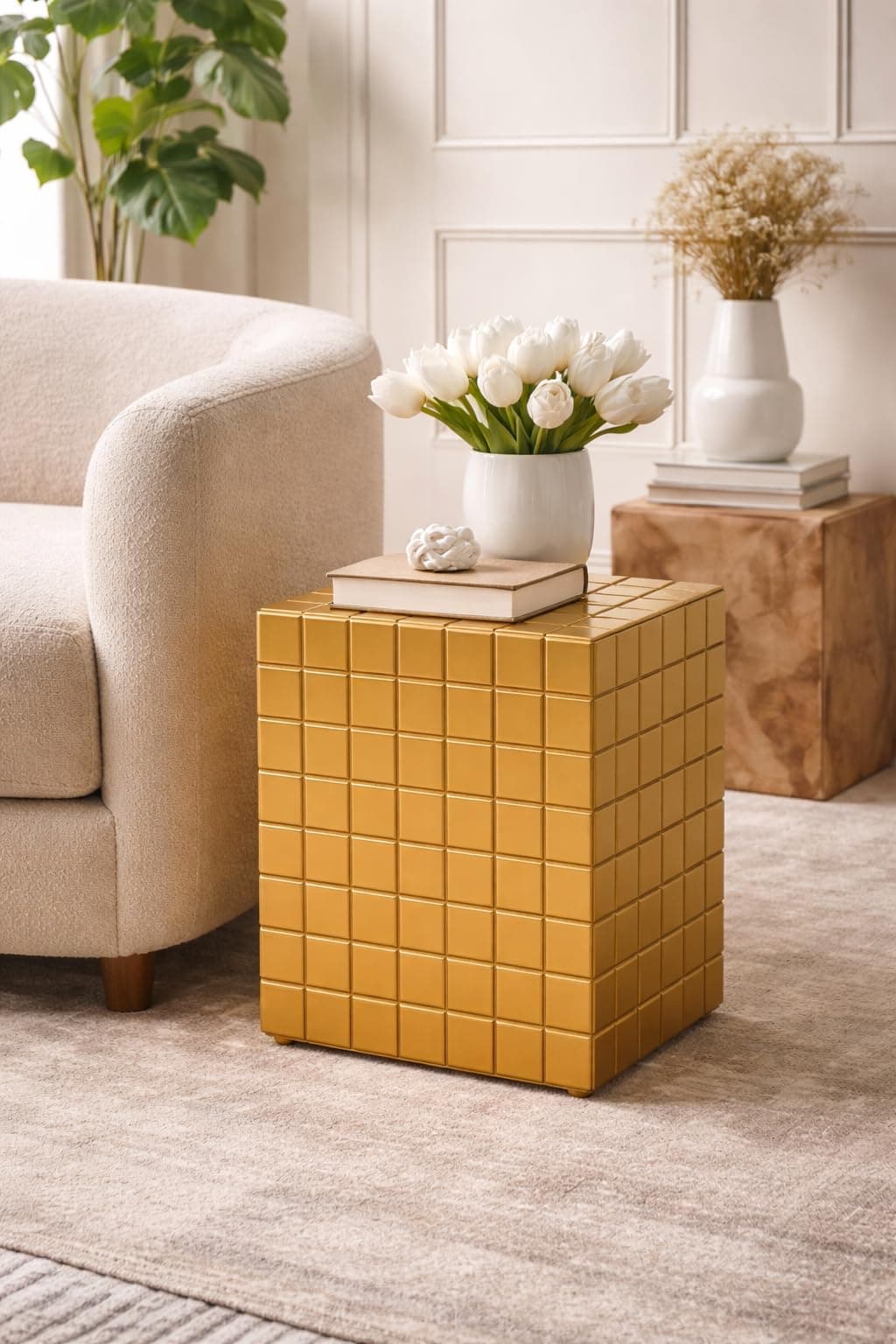 Tiled Cube Accent Bedside Table Coffee Stand Home Storage Organizer For Living Room Bedroom (, Golden, Engineered Wood)