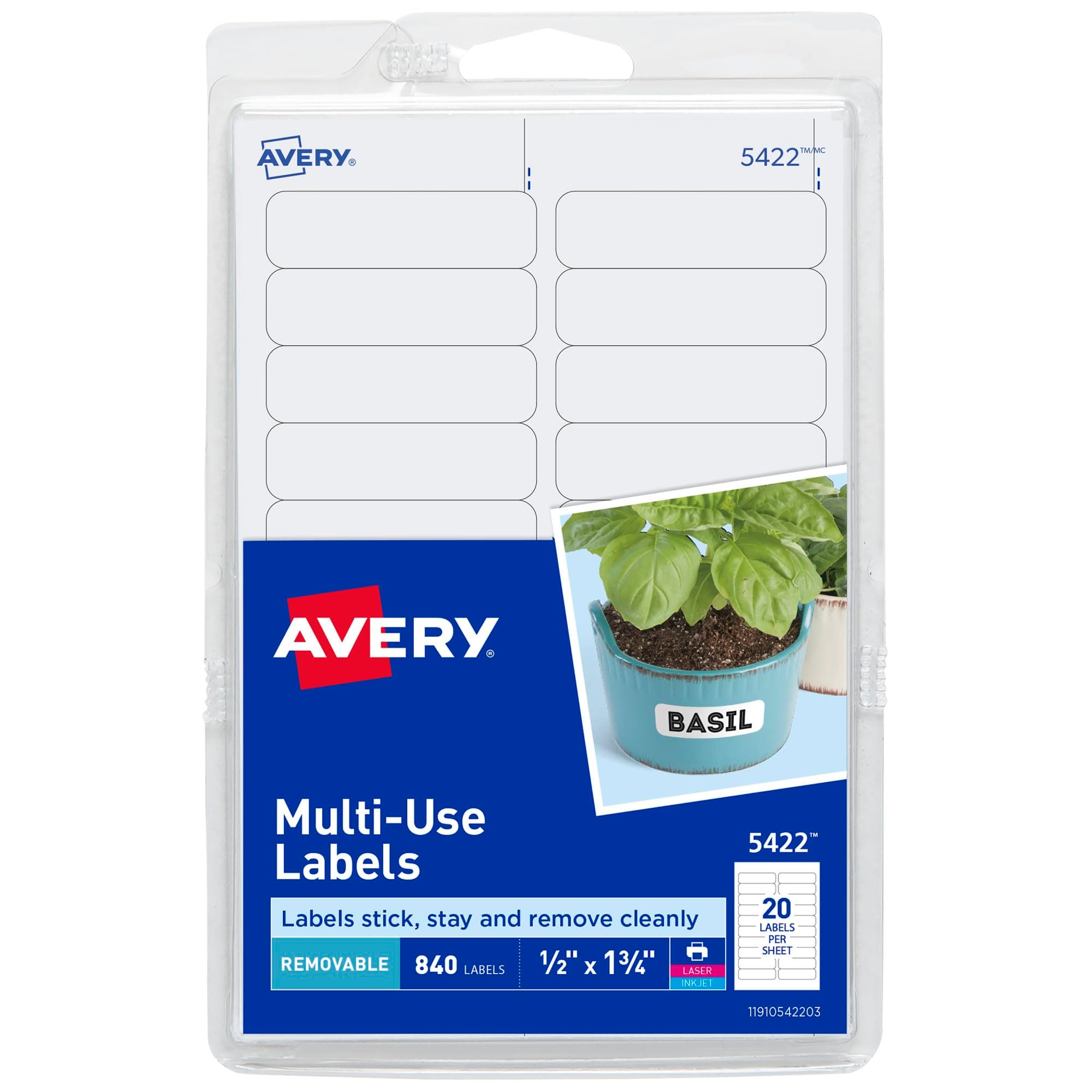 Avery Self-Adhesive Removable Labels, 0.5 x 1.75 Inches, 840 Per Pack, White Label Stickers (05422)