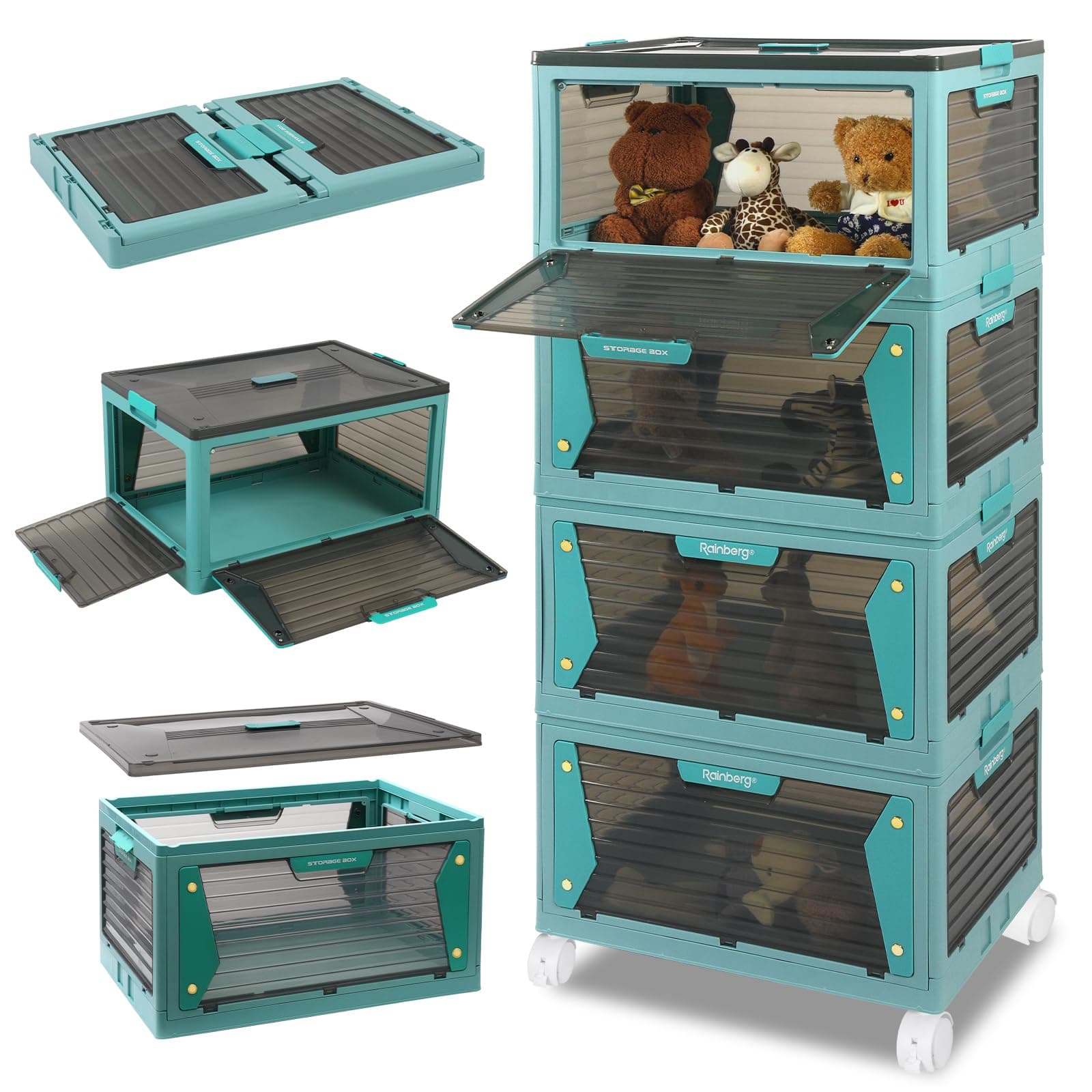 Rainberg Large Storage Boxes with Lids, Strong & Sturdy Plastic Storage Boxes, Stackable Nestable Container for Home & Office use. (Blue & Grey, 4 Tier 320L Storage)