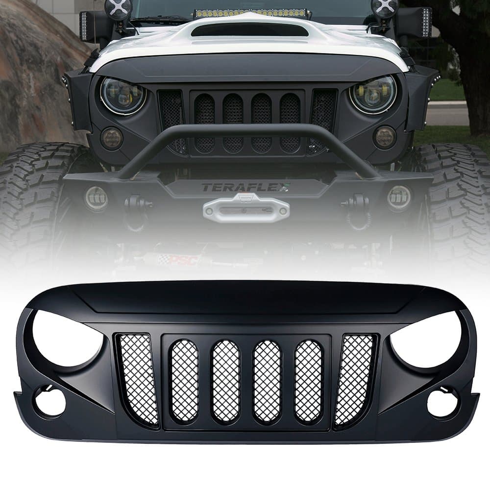 Xprite Front Matte Black Transformer Grille Grid Grill W/Mesh Compatible with 2007-2018 Jeep Wrangler Rubicon Sahara Sport JK