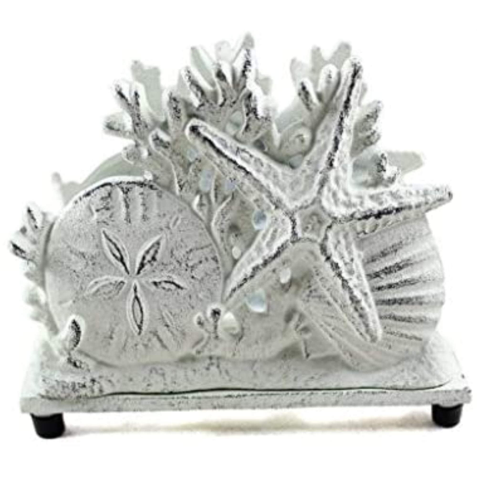 Handcrafted Nautical Decor Rustic Whitewashed Cast Iron Seashell Napkin Holder 7" - Decorative Sea Shell -