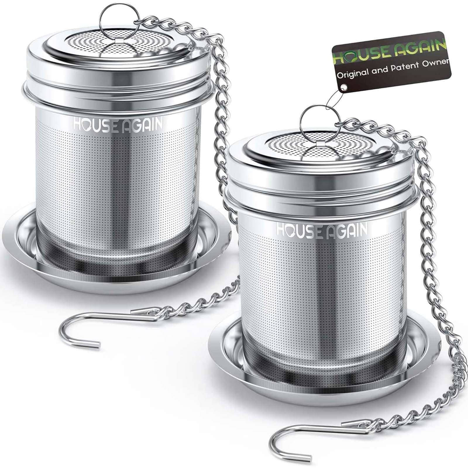 2 Pack Tea Infuser by House Again, Extra Fine Mesh Tea Ball Threaded Connection 18/8 Stainless Steel with Extended Chain Hook for Hanging on Teapots Mugs Cups to Brew Loose Leaf Tea