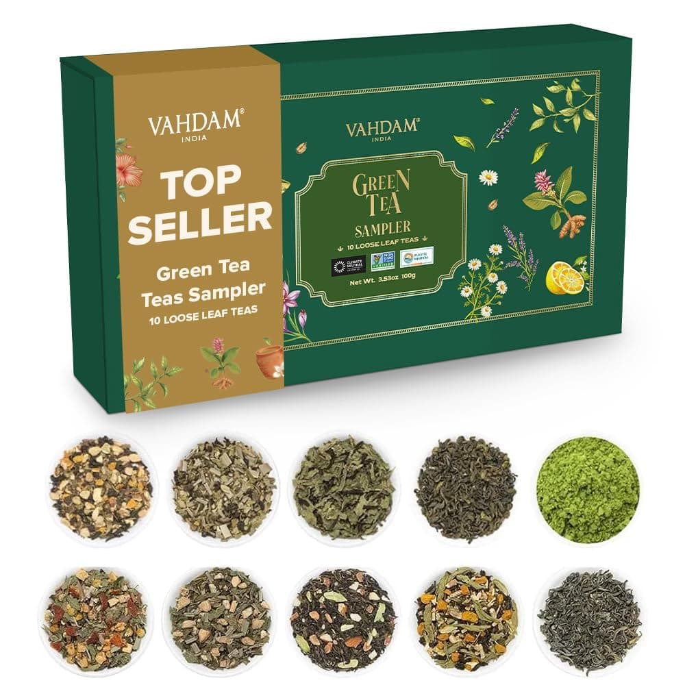 VAHDAM, Assorted Green Tea Loose Leaf Tea Gift Set (10 Flavors) Gift Ideas for Women & Men | Exotic Himalayan Green Tea Blends | Resealable Ziplock Pouch | Gifts for Him/Her