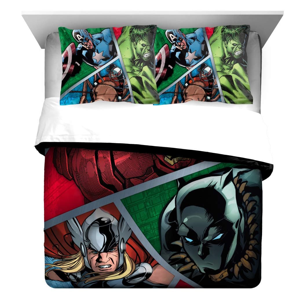 3 Piece Boys Grey Marvel Avengers Comforter Full Queen Set, Blue Kids Superhero Bedding Iron Man Black Panther Ant Man Green Hulk Captain America Thor Action Super Hero Film Comics Character Polyester