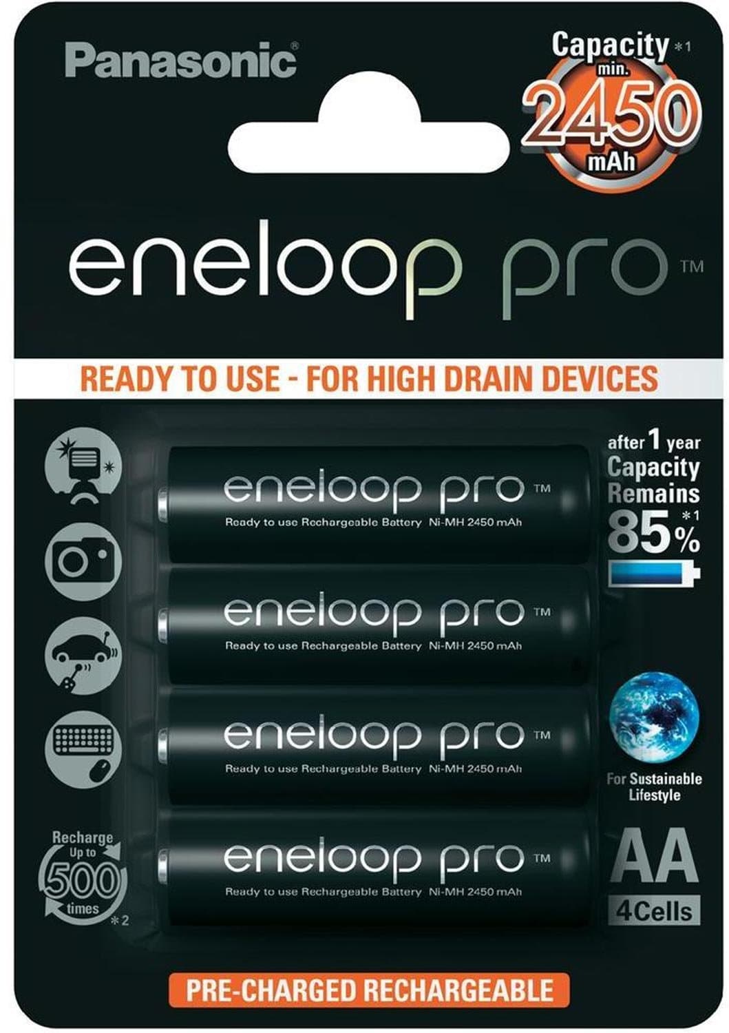 Panasonic eneloop Pro, Ni-MH battery ready to use, AA cute, pack of 4, min. 2500 mAh, 500 charge cycles, with increased performance and low self-discharge, rechargeable battery
