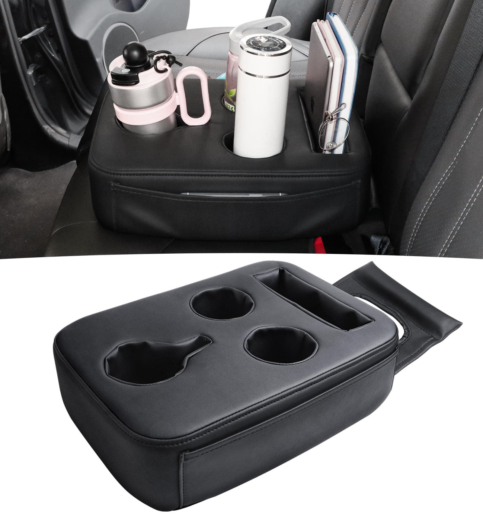Back Seat Cup Holder for Car, PU Leather Couch Sofa Bed Boat Cup Holder Tray, Organizer for Trucks, Minivans, SUVs, RVs, Vehicles, Holds Drinks, Remote, Snacks, with Side Pockets