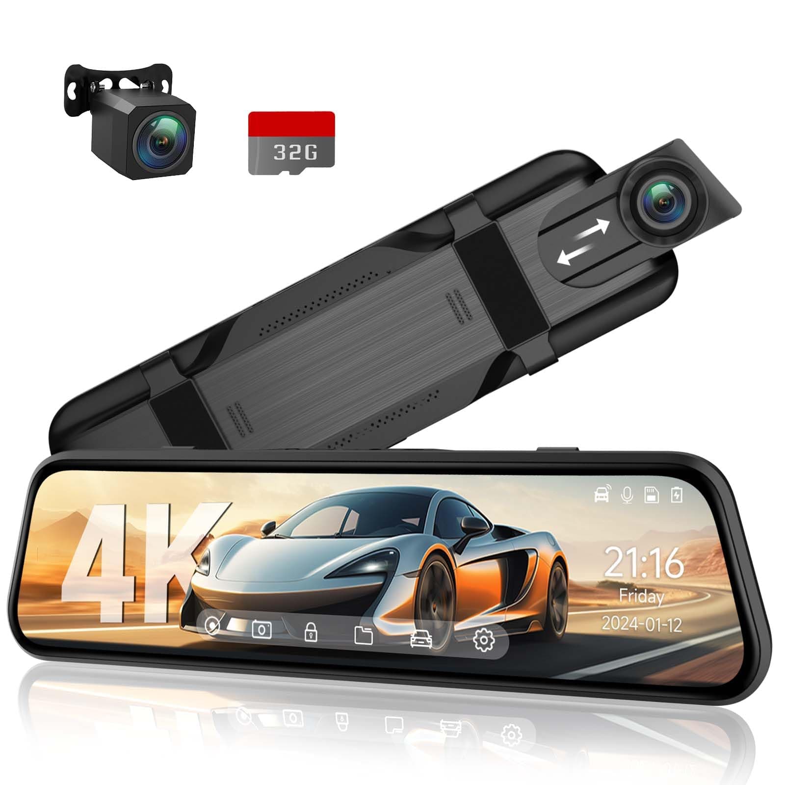 4K Rear View Mirror Camera, 10'' 4K Mirror Dash Cam with 1080P Backup Camera, Dash Cam Front and Rear for Car with Voice Control, 24H Parking Mode, Night Vision, 32GB SD Card Included