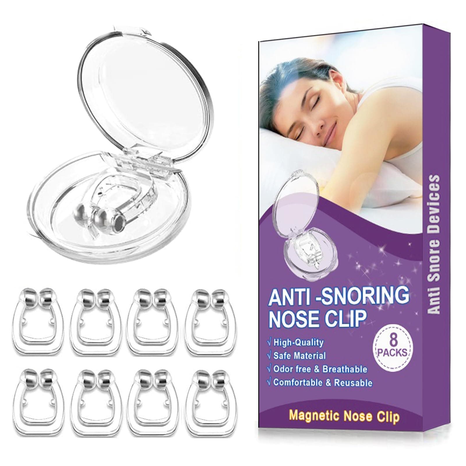 Anti Snoring Devices(8 Pack), Silicone Magnetic Stop Snoring Solution, Comfortable & Professional Anti Snoring Nose Clip for Men and Women