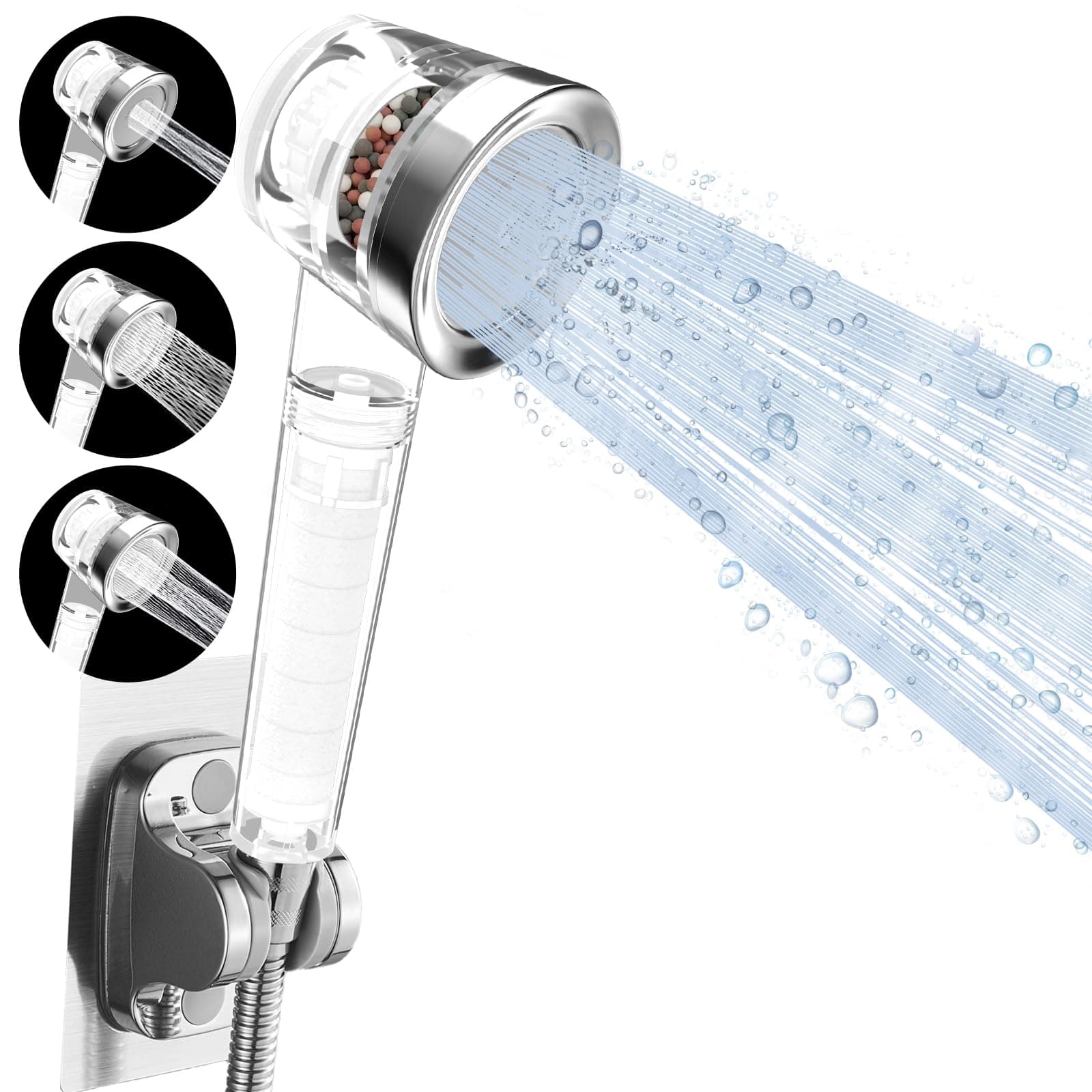 Luxsego Ionic Shower Head with Replacement Hose and Holder, High Pressure & Water Saving Showerhead for Best Shower Experience, Anion Energy Ball Handheld Shower for Dry Hair & Skin SPA
